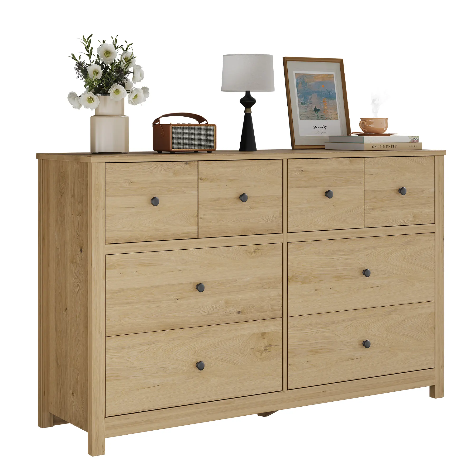 Modern 8 Drawer Bedside Cabinet – Spacious Bedroom Dresser – Contemporary Wooden Chest with Large Storage – Ideal for Home Office