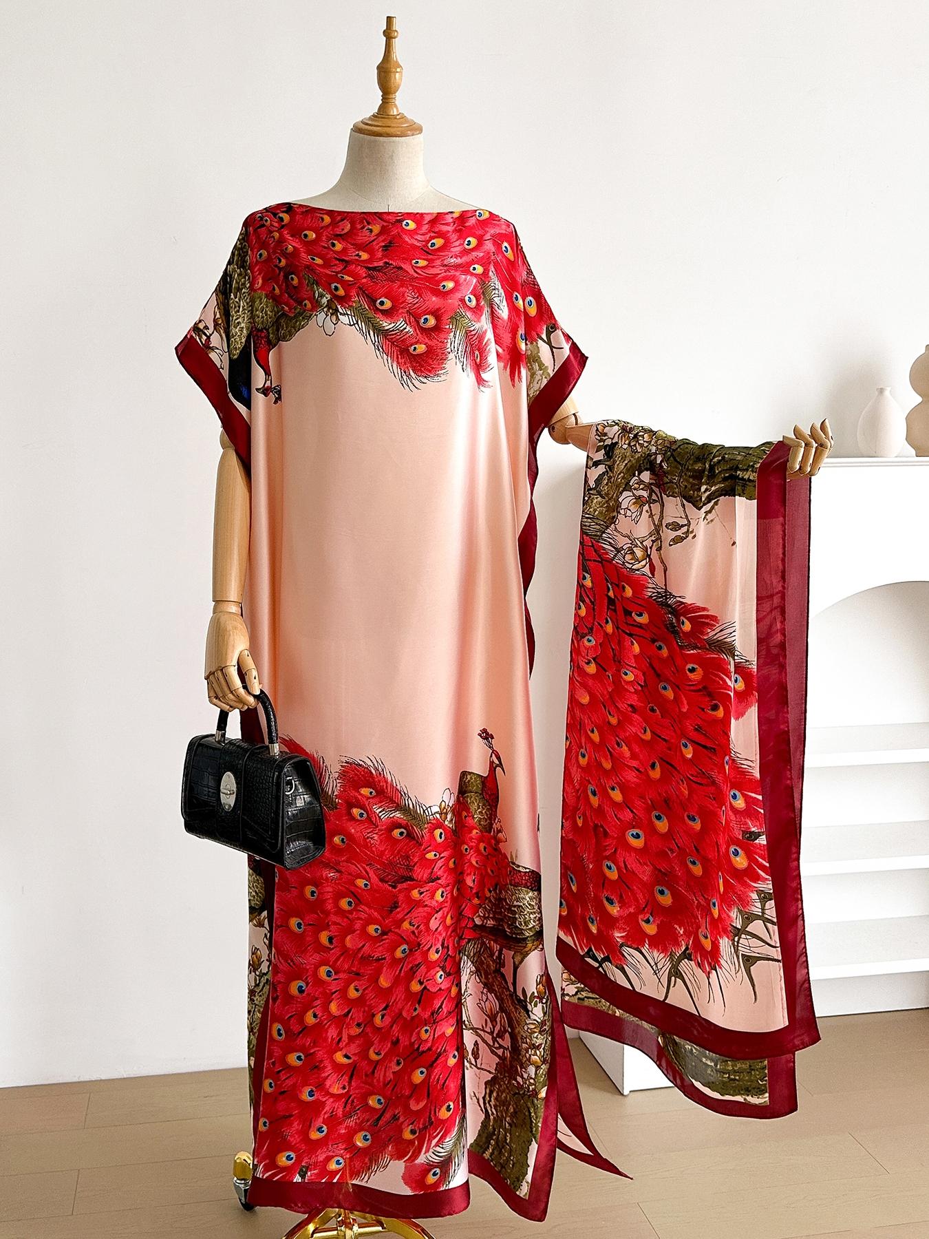 Women's Fashion Print Long Robe Set, Matching Moomoo Dress + Scarf Headband, Casual Woven Fabric, Thin All-Season Wear, Beach Sun Protection