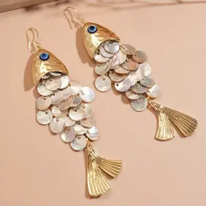 Women Fish & Shell Tassel Ear Hooks, Boho Ocean Style Dangle Earrings. Unique beach-inspired jewelry with vintage vibes, trendy statement accessories perfect for vacation, seaside trips and daily summer wear.