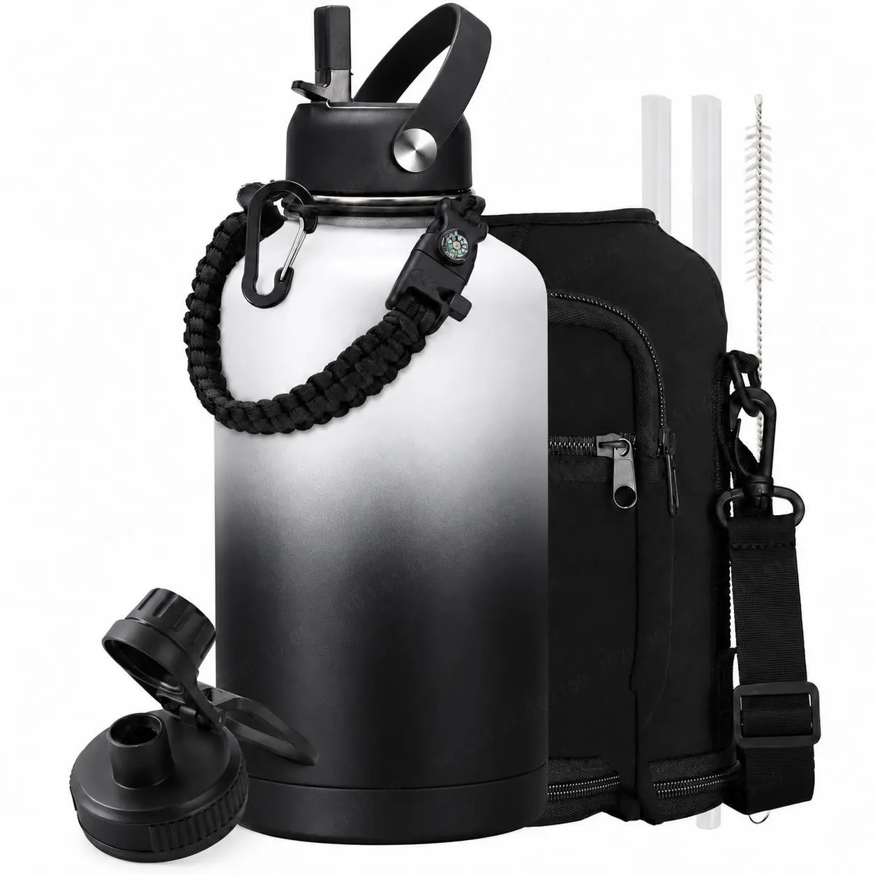 64oz Black White Ombre Stainless Steel Insulated Water Bottle, Straw & Spout Lids, Braided Carry Cord, With or Without Carry Bag, Portable Insulated Flask