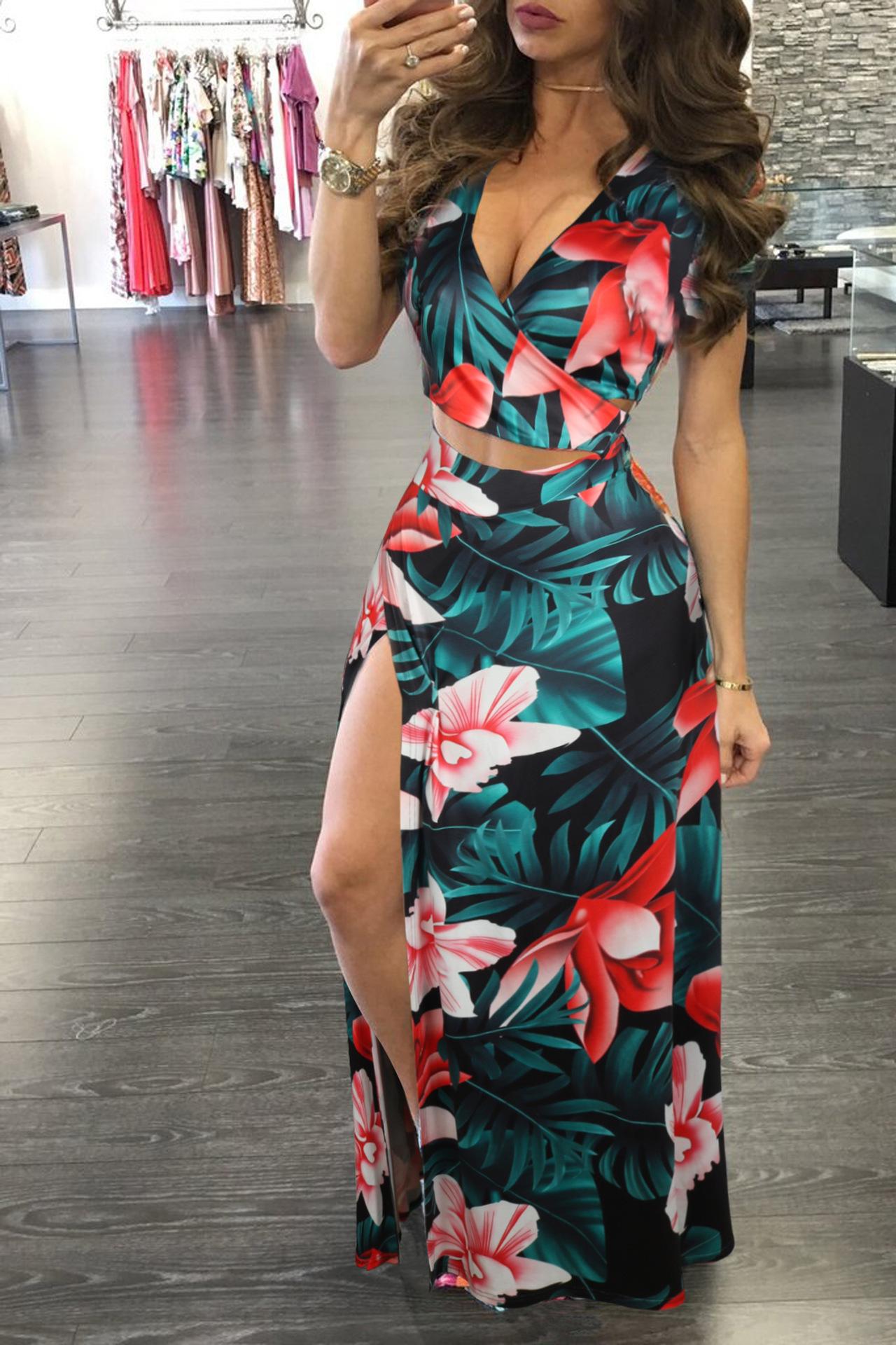 Women Floral Two Piece Maxi Dress Set Summer Vacation Outfits High Slit Long Skirt and V Neck Crop Top Sexy Beachwear Matching Set