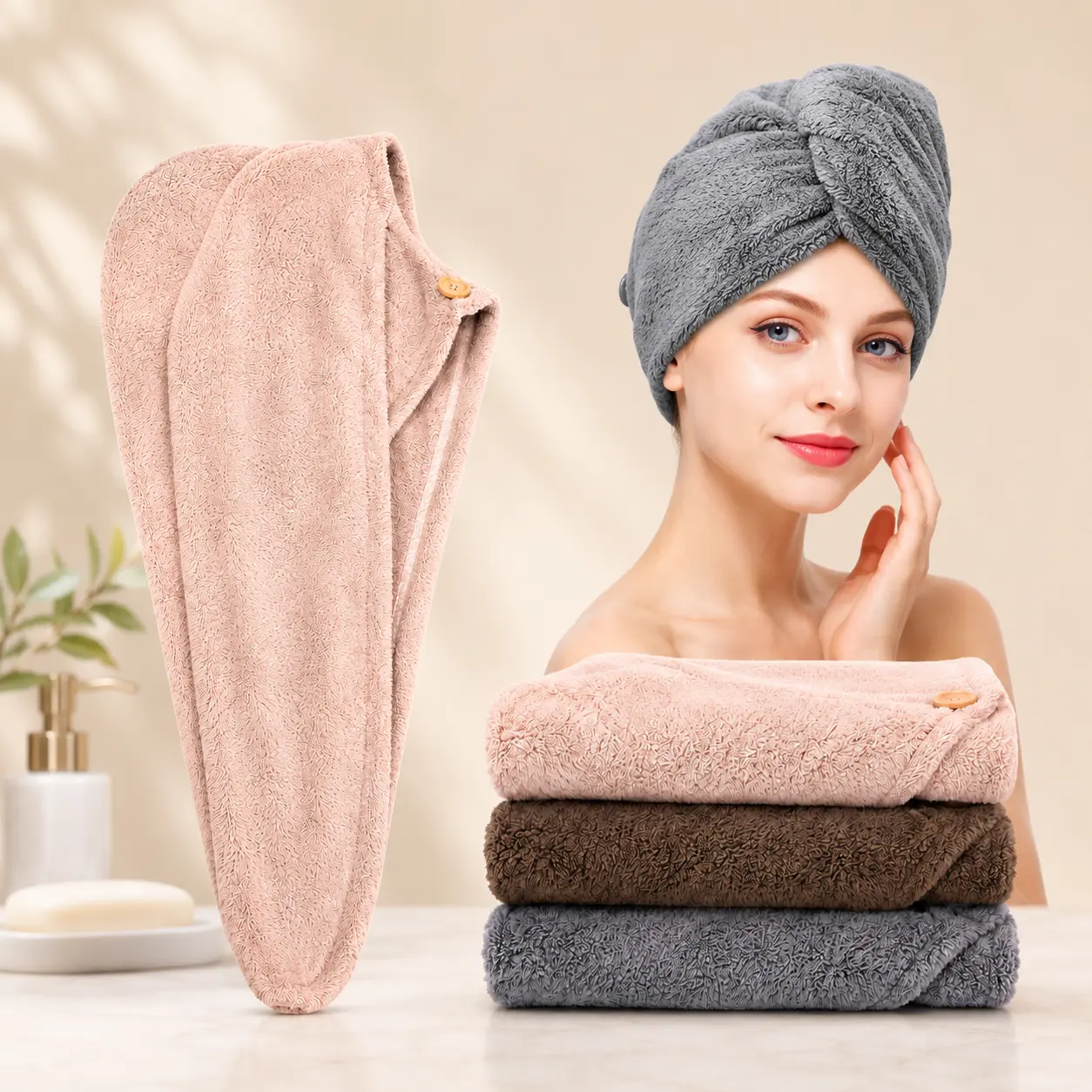 ‍♀️ 3 Pack Microfiber Hair Towel Wrap, Super Absorbent Quick Dry Hair Turban Towel with Button for Curly, Long, Thick Hair