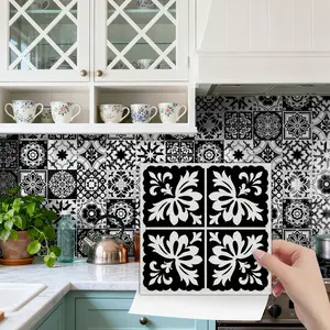 24PCS NHZ Mixed Black White Vintage Moroccan Tile Stickers, Glossy PVC Crystal Film Self Adhesive Wall Decals, Waterproof Oilproof, Removable No Residue for Kitchen Bathroom Bedroom Home Decoration