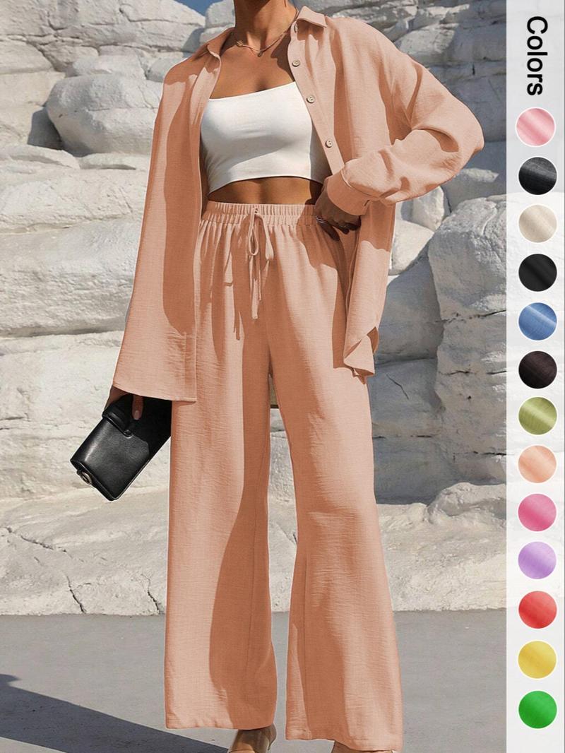 Women's Solid Button Front Shirt & Tie Front Wide Leg Pants Two-piece Set, Casual Drop Shoulder Long Sleeve Top & Trousers 2 Piece Set for Spring & Fall, Women's Clothes for Daily Wear, Casual Outfits Women