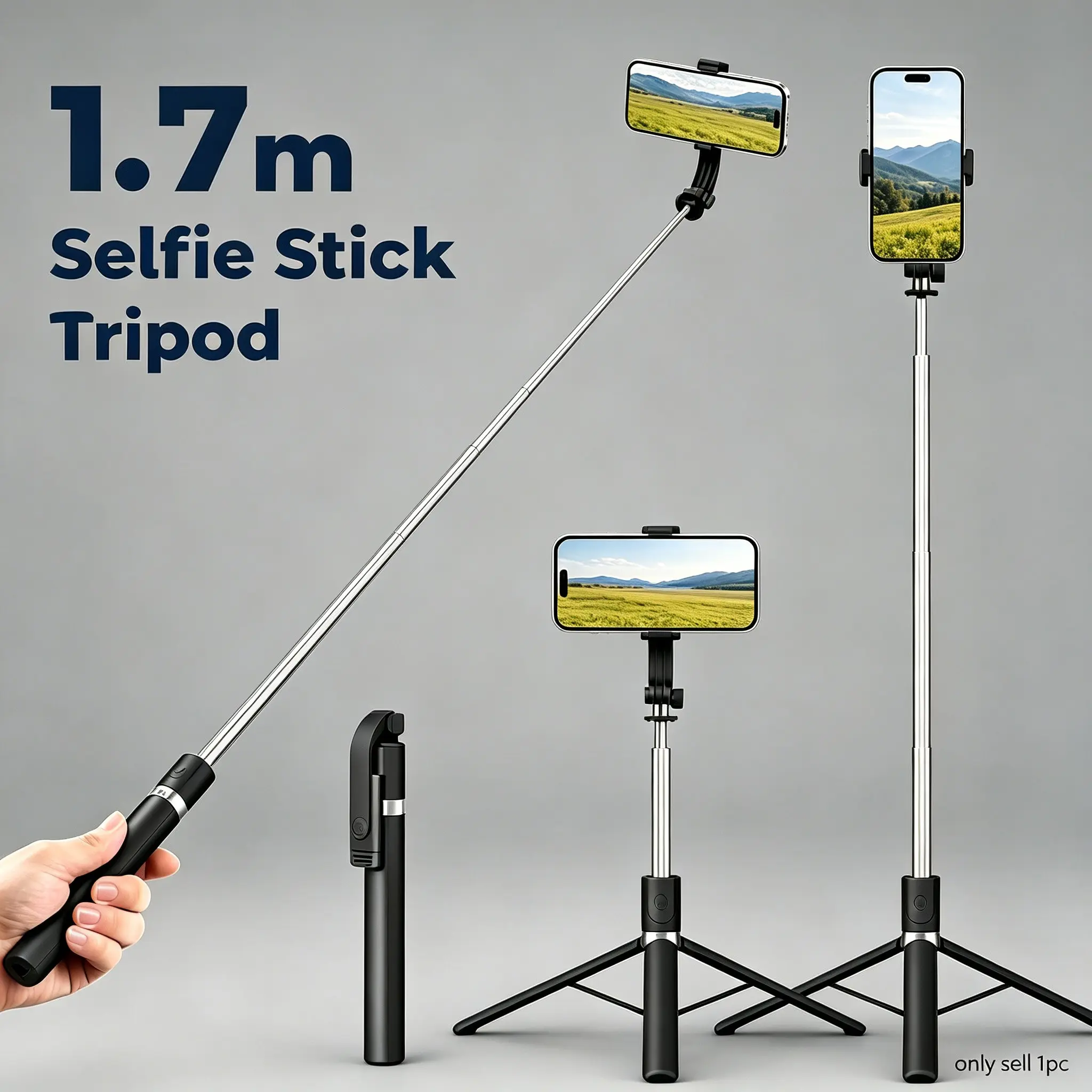1.7m Panoramic Selfie Stick Tripod, Anti-Shake, Wind-Resistant, 360° Rotation, 250° Tilt, Portable, Ideal for Outdoor Photography