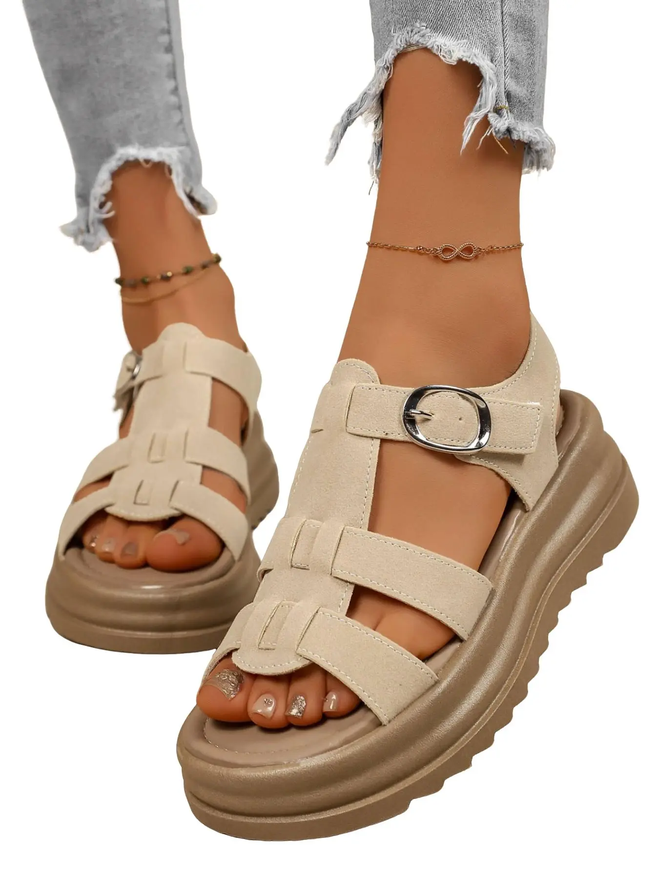 Women's Suede Multi-Strap Thick Sole Sandals, Adjustable Metal Buckle Open-Toe Roman Style, Lightweight Anti-Slip Summer Shoes for Hiking, Beach, Shopping, Outdoor, Daily, Vacation