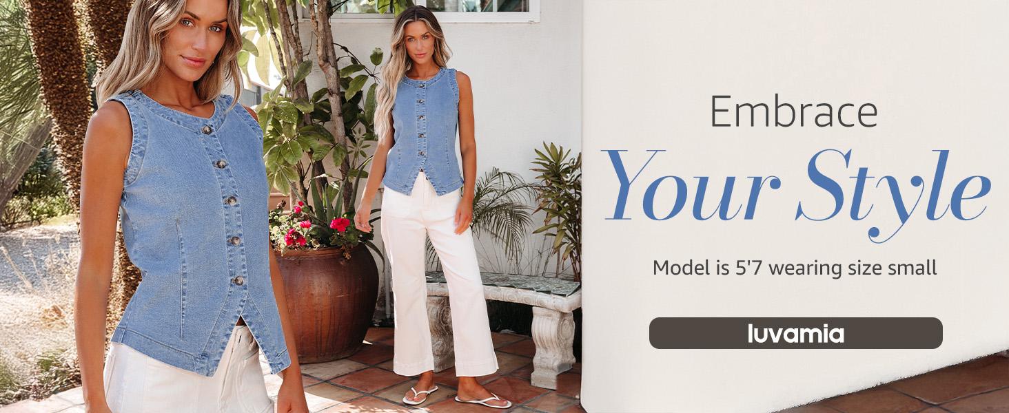 Luvamia Women's Sleeveless Denim Vest Medium Blue Fitted Crewneck Button Down Casual Summer Western Waistcoat for Everyday Style Womenswear