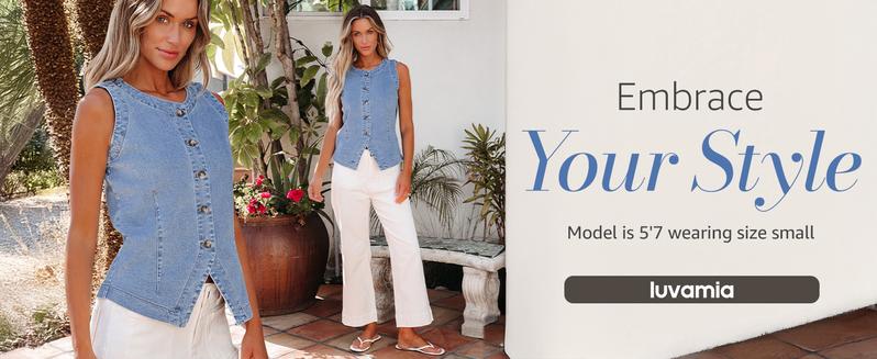 Luvamia Women's Sleeveless Denim Vest Medium Blue Fitted Crewneck Button Down Casual Summer Western Waistcoat for Everyday Style Womenswear Luvamia Women's Sleeveless Denim Vest Medium Blue Fitted Crewneck Button Down Casual Summer Western Waistcoat for Everyday Style Womenswear