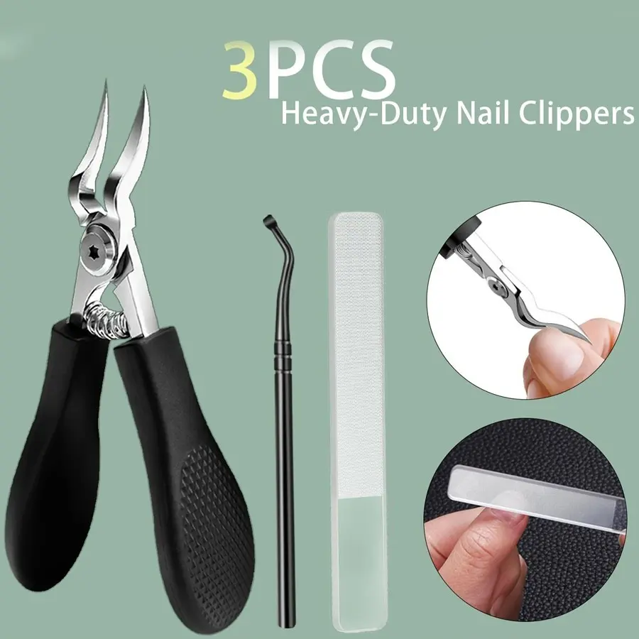 3pcs Stainless Steel Heavy Duty Toenail And Fingernail Clippers with Sharp Extended Tips | Thick Nail Care Tool for Thick And Ingrown Nails, Includes Nail File, Christmas Gift for Toenail And Foot Cleaning