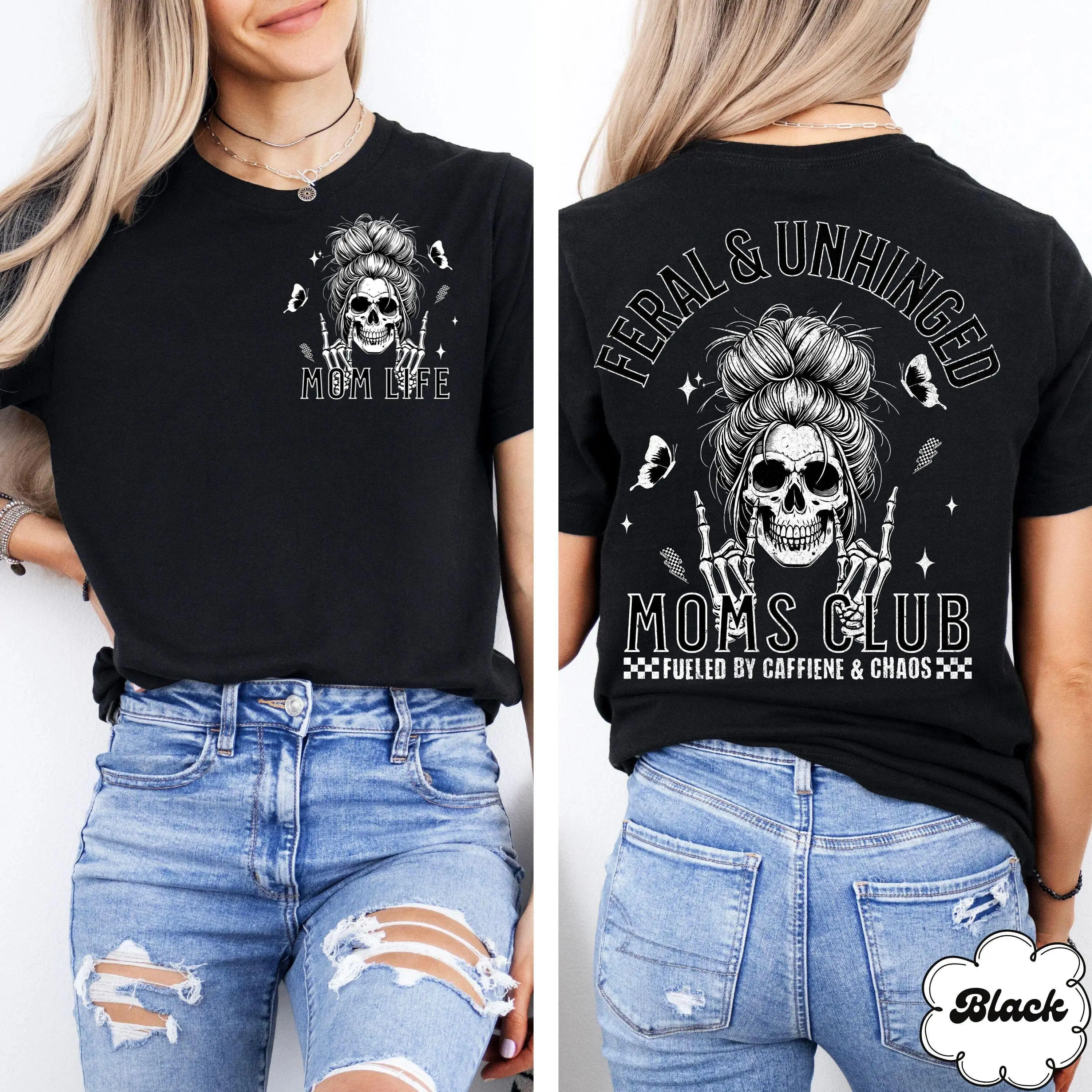 Women's Feral and Unhinged Moms Club Skeleton Coffee Graphic Tee - Smooth Seamless Soft Solid Fabric Edgy Funny Trendy Rad Mom T-Shirt s0413