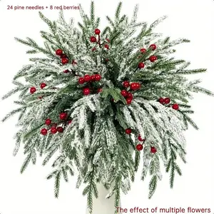 24pcs 14-Inch Artificial Christmas Greenery Branches with 8 Berries, DIY Wreaths, Tree Decor, Holiday Centerpiece, Indoor Home Decoration
