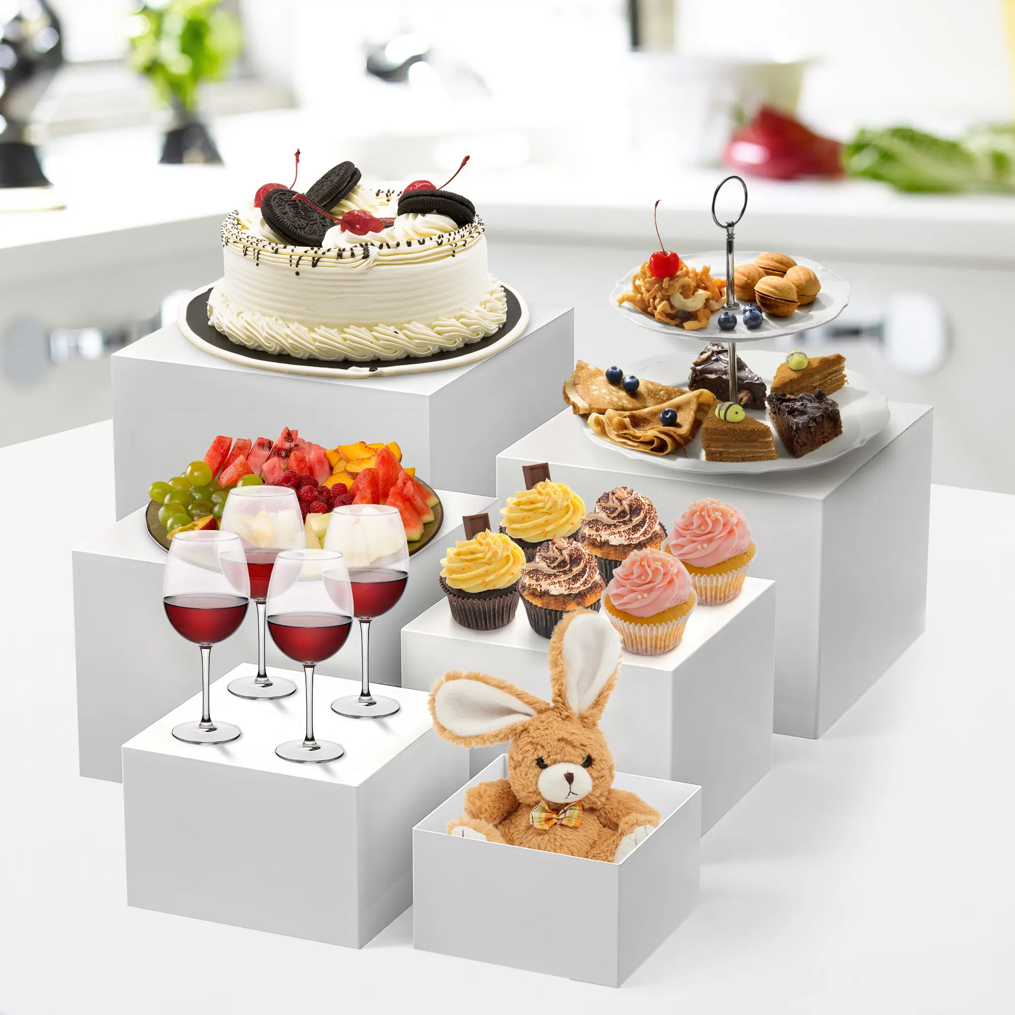 6-Piece Versatile Display Riser Set - Multi-Size Food Display Stands for Dessert, Bakery, Buffet Wedding & Retail, Durable, Space-Saving Service Equipment
