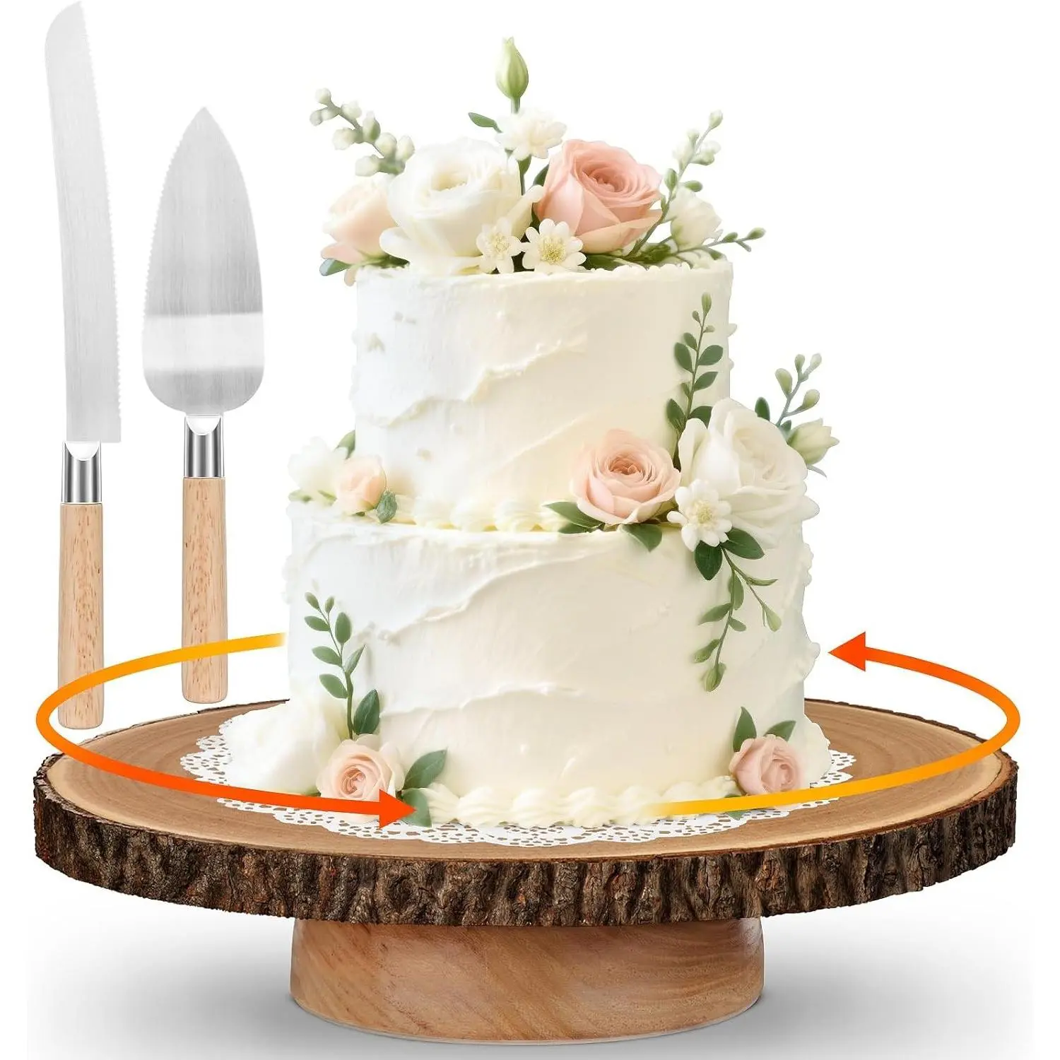 12" Rotating Wood Cake Stand with Cake Cutting Set Rustic Wooden Cake Turntable for Party Wedding Baking Gifts Event Cake Decorating