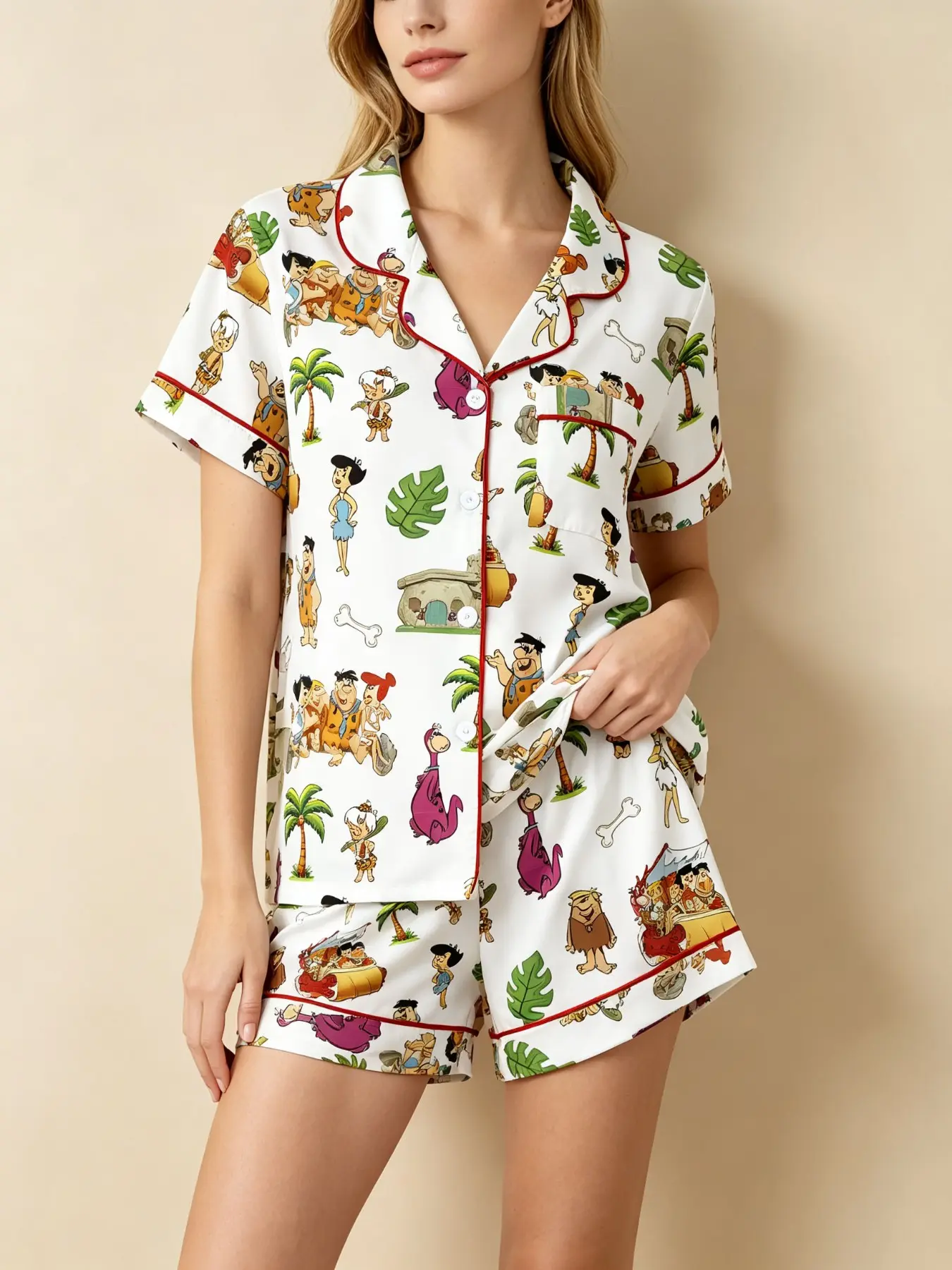 Vintage Caveman Cartoon Print Women's Pajama Set, Comfortable Wear-Outside Sleepwear, Short Sleeve Button-Up Top and Elastic Shorts, Casual Home Gift