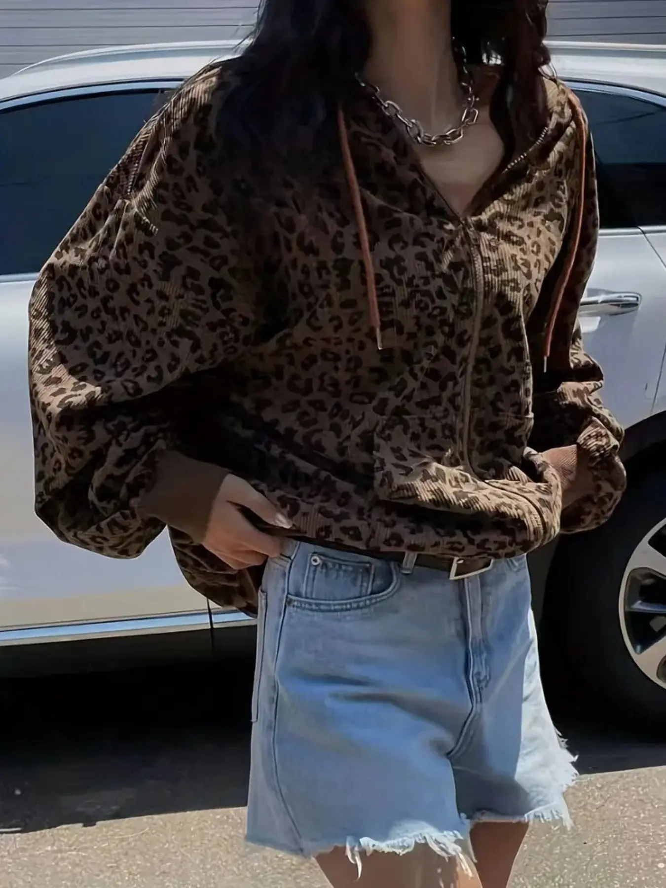 New Fall Winter Vintage Leopard Print Hooded Zipper Jacket, Loose Fit Lazy Cardigan Sweatshirt, Soft Slimming Long Sleeve Top