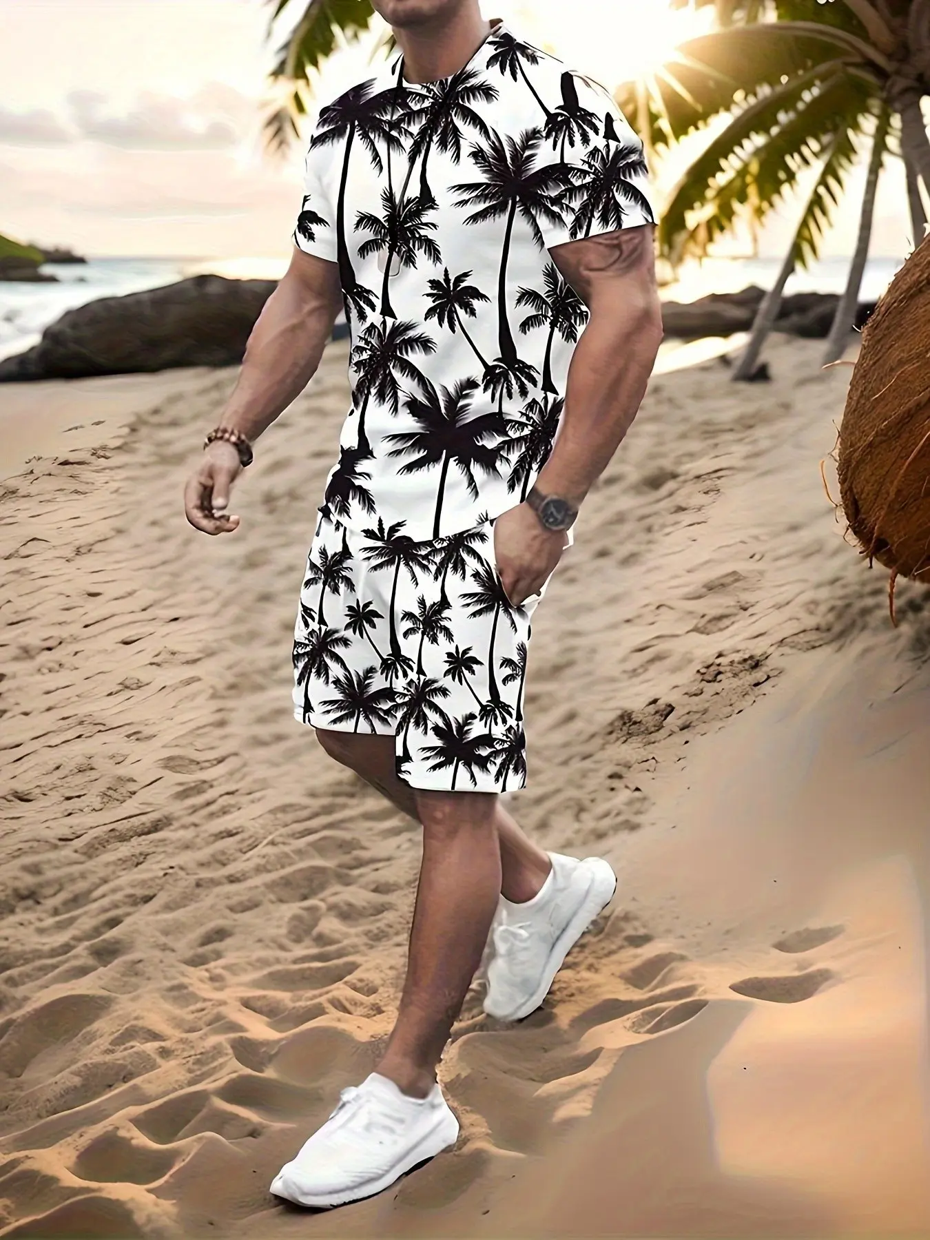 Men's Tropical Palm Tree Print Swimwear Set, Short Sleeve T-Shirt & Pocket Shorts, Casual Training Wear, All Seasons