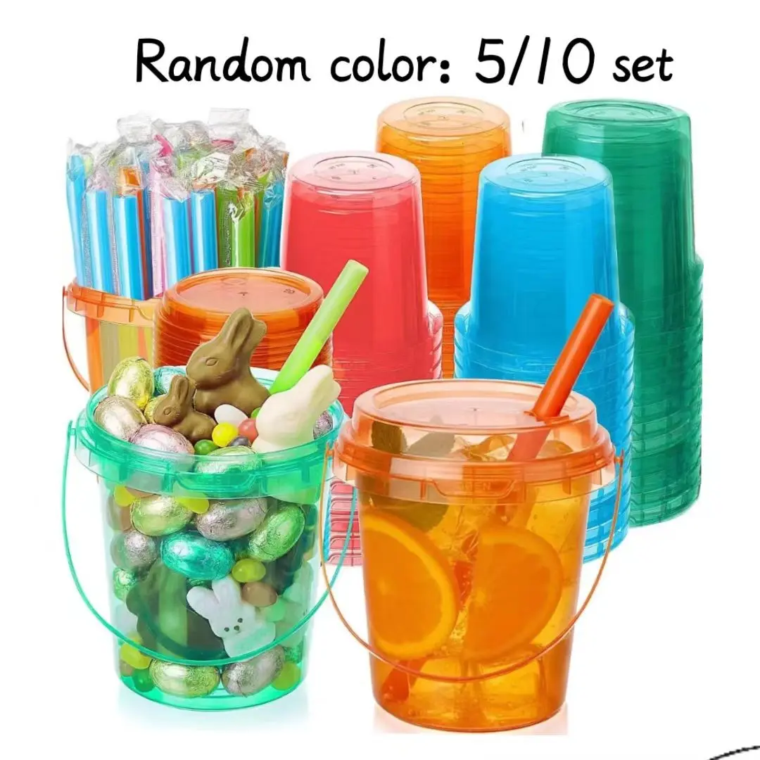 5/10 Set Disposable Plastic Drink Buckets, Colorful Five-In-One with Lid and Straw, Candy Color Ice Coffee Cups, Drinking Cups, Pool Party Supplies, Disposable Cups with Lids and Straws