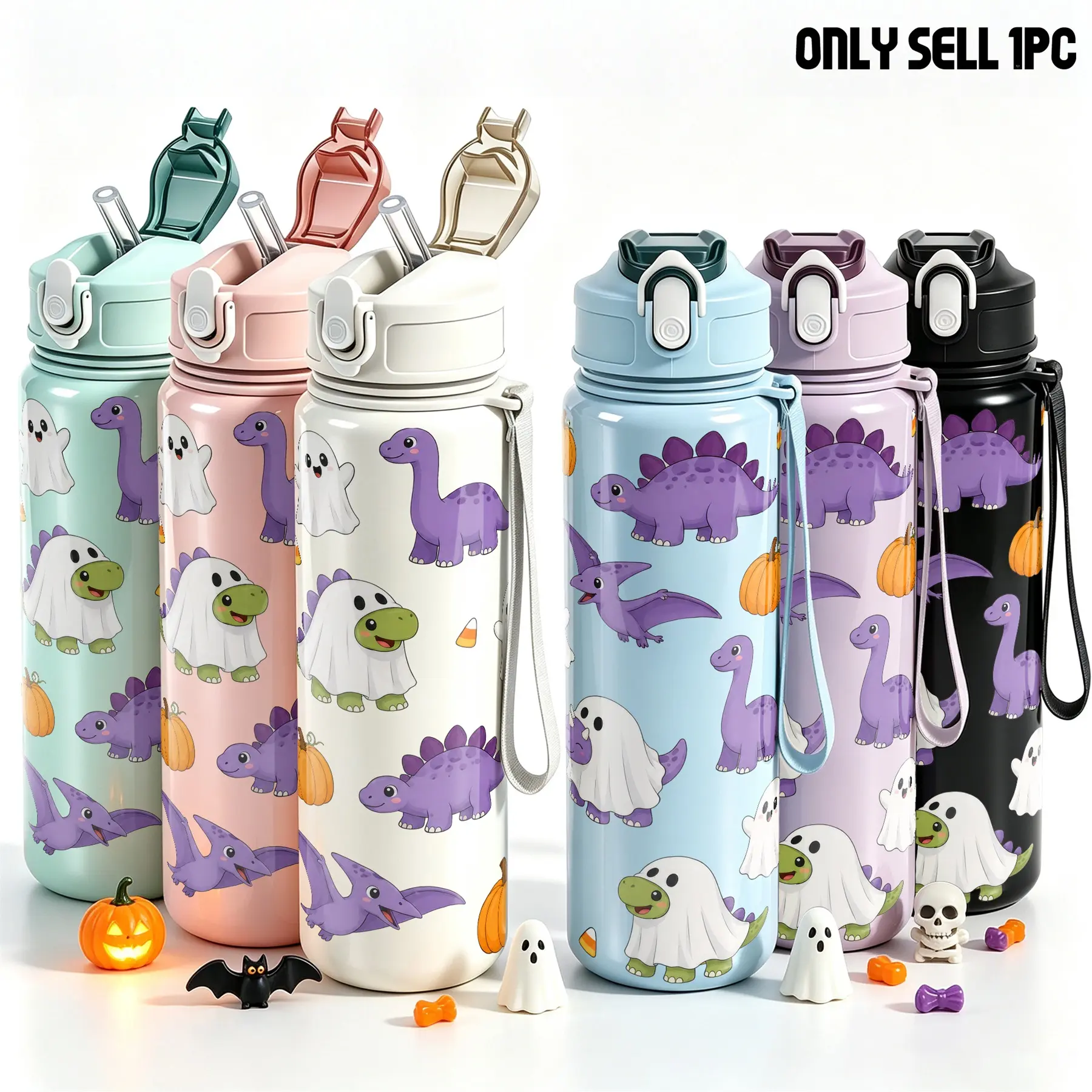 1pc 25oz Cute Halloween Water Bottle With Straw, Reusable Sports Bottle with Purple Dinosaur Ghost Pumpkin Candy Corn Print, Portable Hydration Bottle for Gym Hiking Travel, Spooky Season Gift for Teens Women Women's clothing, Portable Drinkware Bottle
