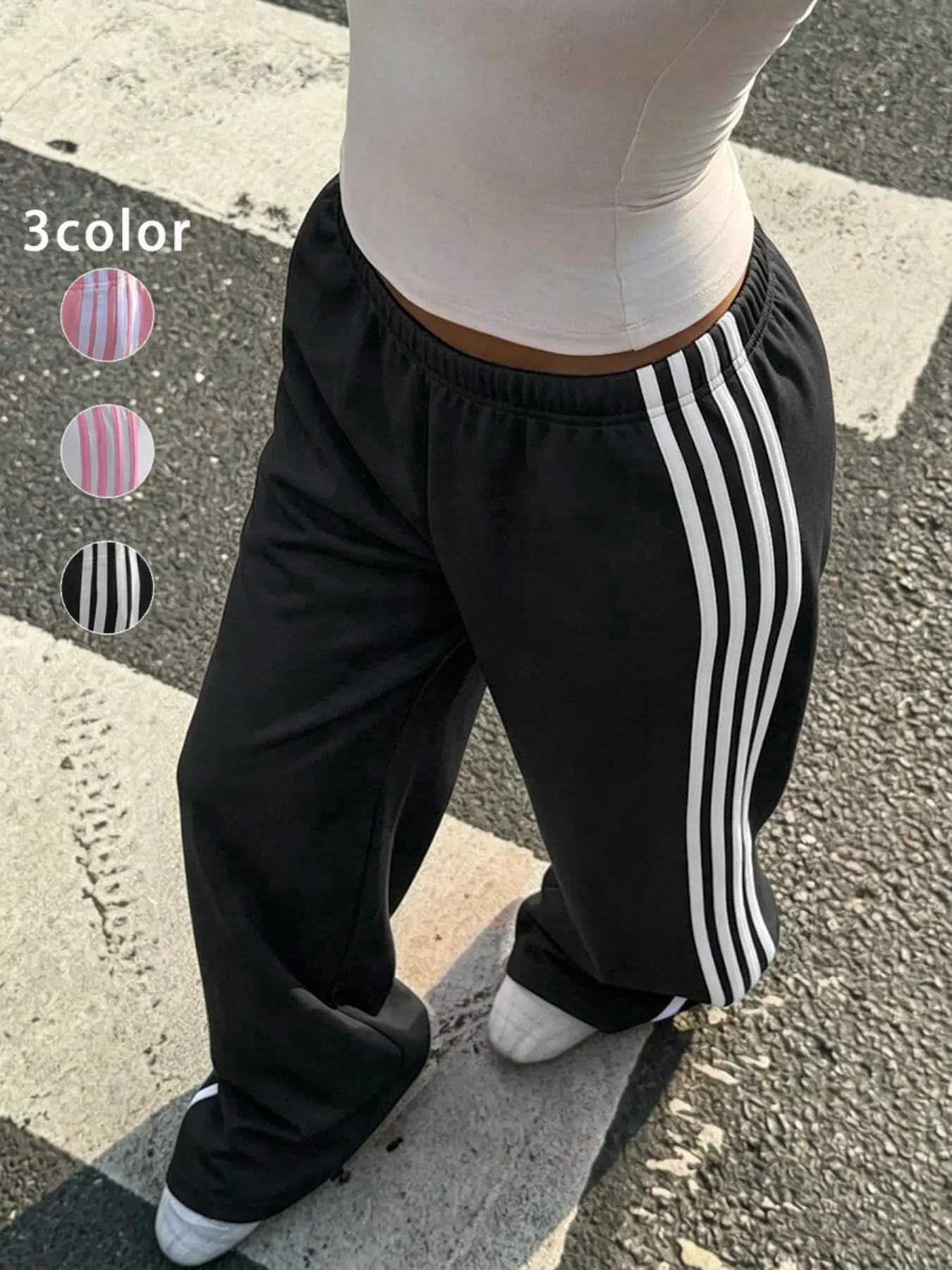 Side Stripe Wide-Leg Sportswear Pants, Elastic Waist, Athleisure Design, Millennial Sports Style, Casual Comfy Sporty, Streetwear Retro Feel, Ideal for Fitness, Home, Daily Wear