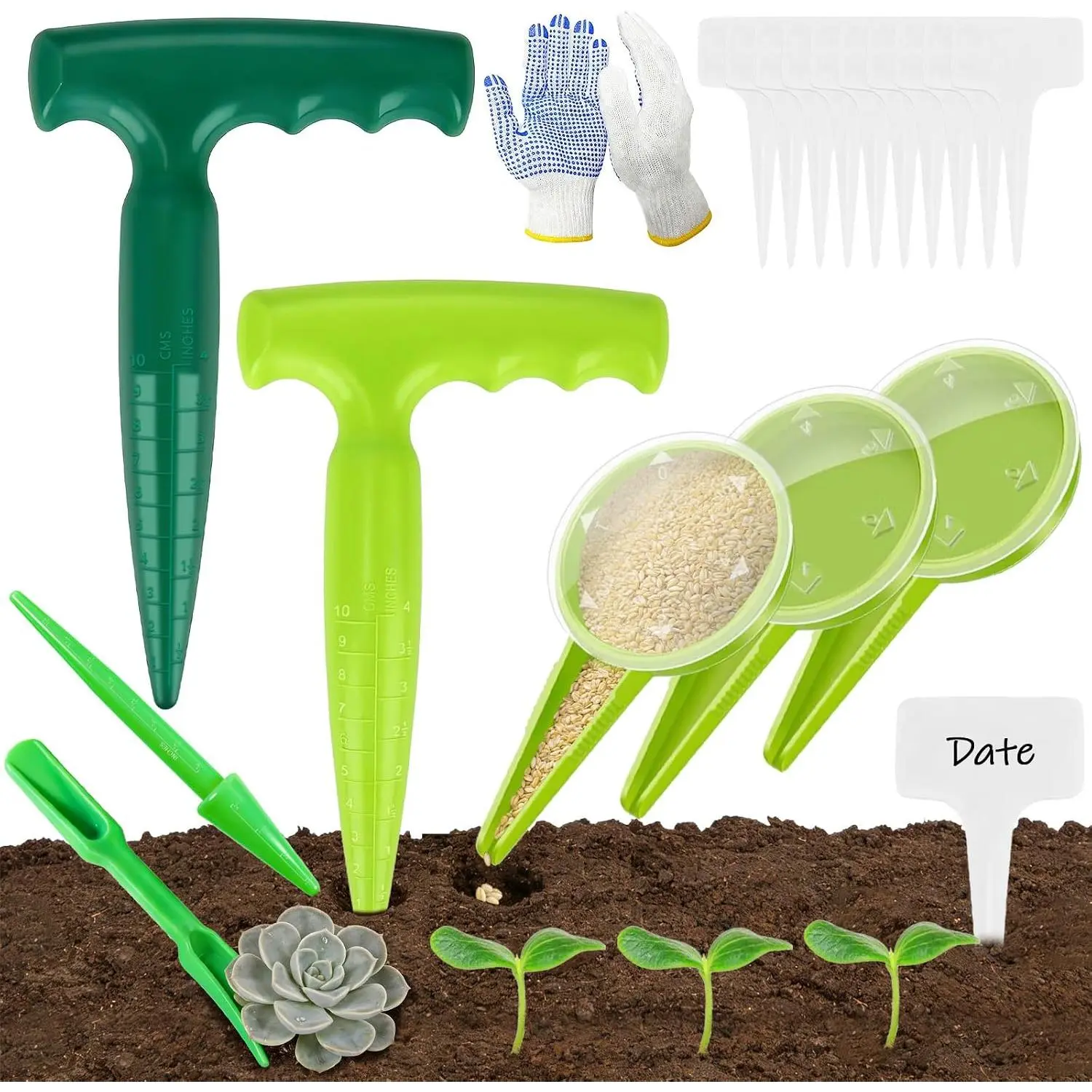 Mini Seed Spreader, 19 count Seed Planter Tool Dispenser for Small Seeds, Hand Seeder Spreader with  Labels,  Plastic Dibber Garden Tool and Gloves for Lawns