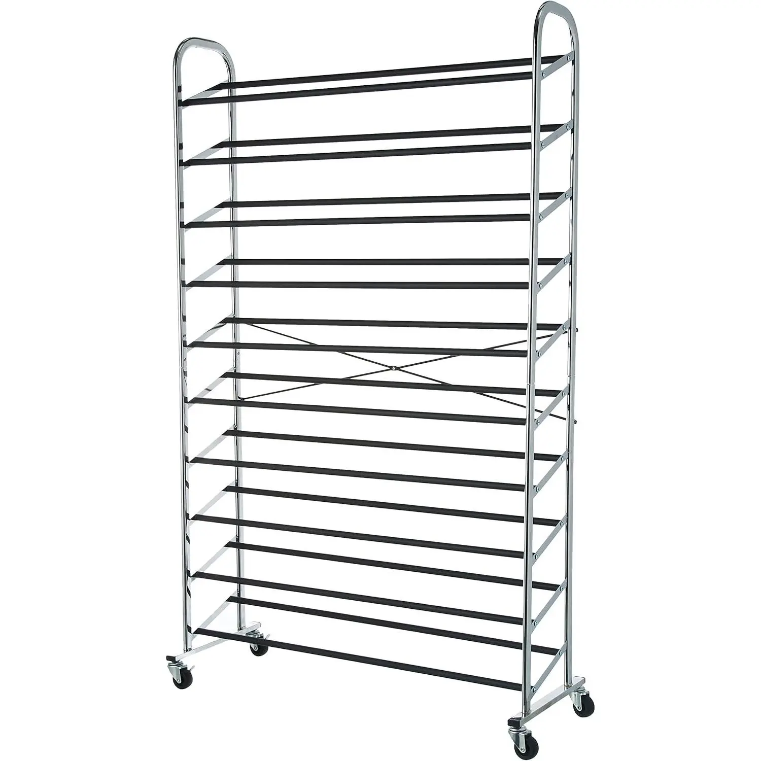 Chrome Metal Rectangle Rolling Shoe Rack Organizer - 50-Pair Capacity, Free-Standing Portable Unit, Locking Wheels, 35.8"h x 14.6"w x 59.5"l, for Camping Hiking Gear & Sports Storage, Adult Home Supplies, Floor Standing