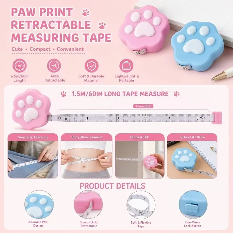 Cat Paw Cartoon Automatic Retractable Mini Ruler, 59.06 Inches Extended Soft Tape Measure, Tape Measure For Sewing, Home Decor, Student Supplies, Office Tool