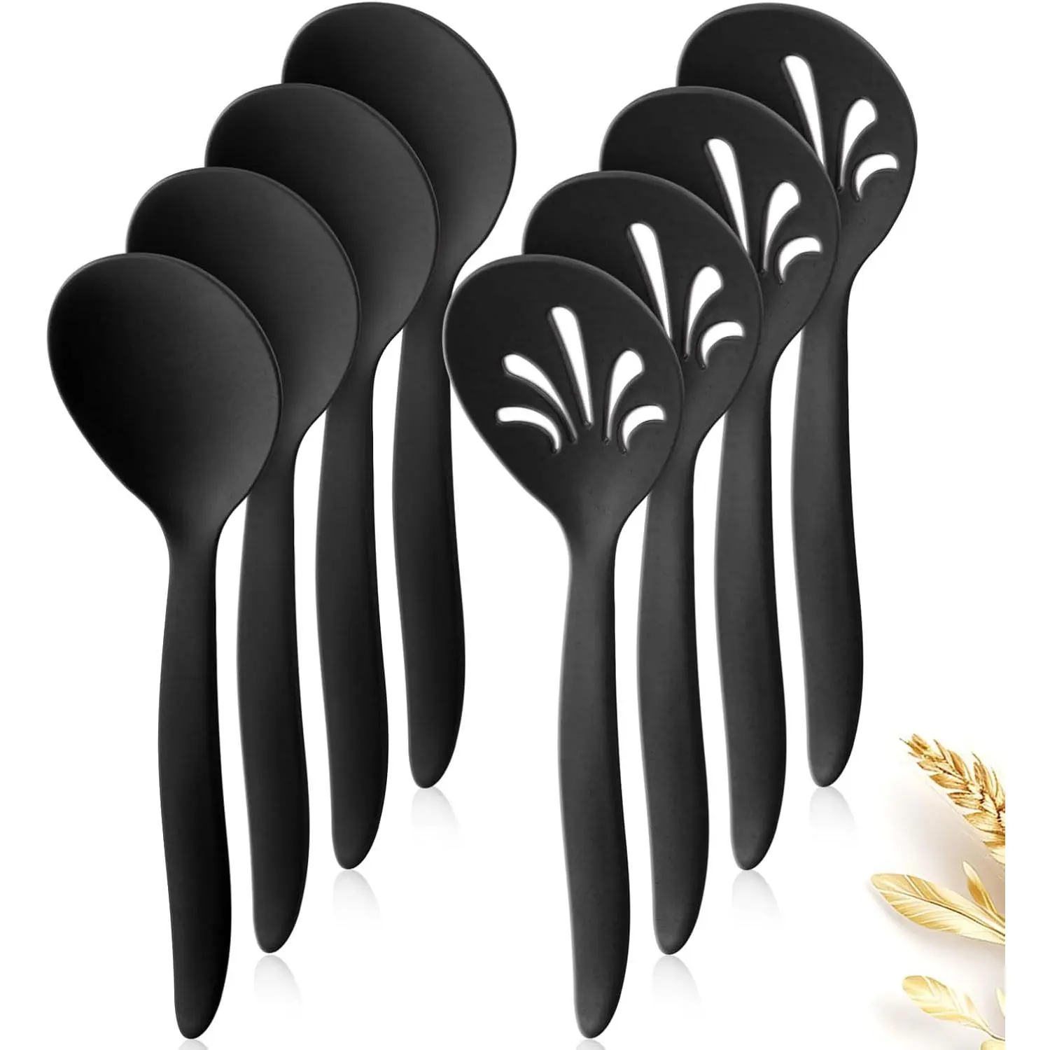 8 Pack 10" Large  Plastic Wheat Straw Serving Spoon Set, 4 Serving Spoons & 4 Slotted Spoons, Kitchen Mixing Serving Spoon for Buffet Chafing Dish Catering (Black, Not for Cooking)