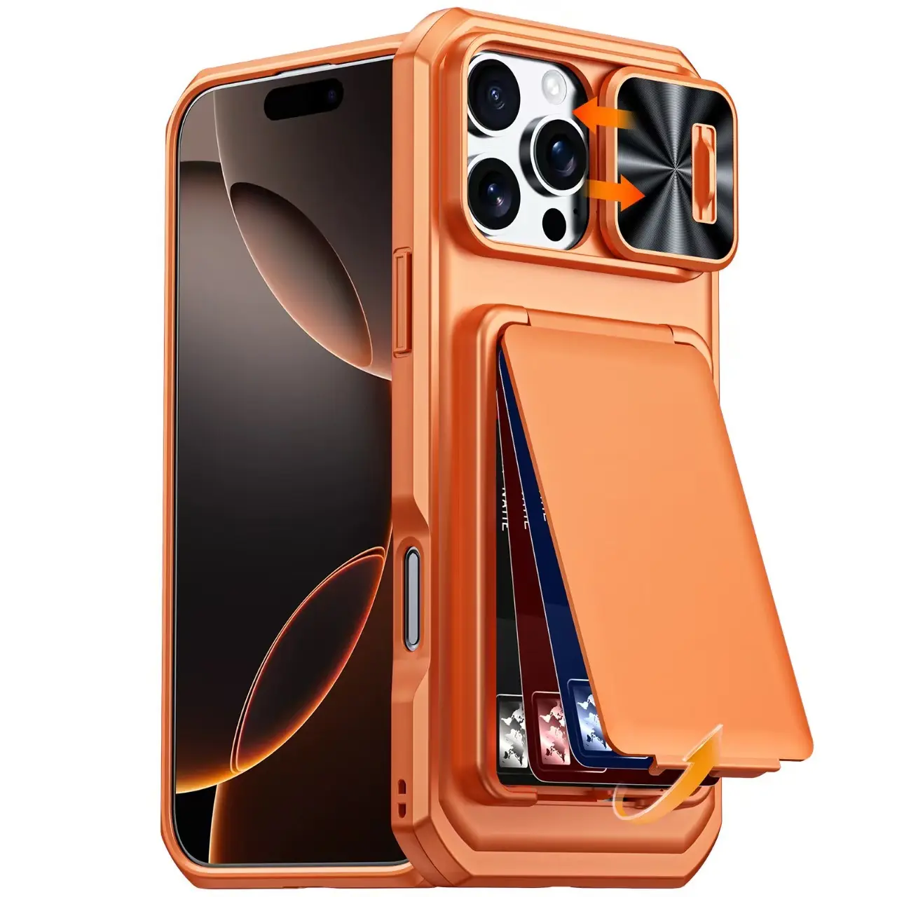 [KQ] RFID Wallet Case for iPhone 17 Pro Max - Smartphone/Cellphone Devices Casing with Card Holder, Camera Controller, Camera Cover, Full Body Rugged Shockproof Silicone Protection (Spritz Orange)