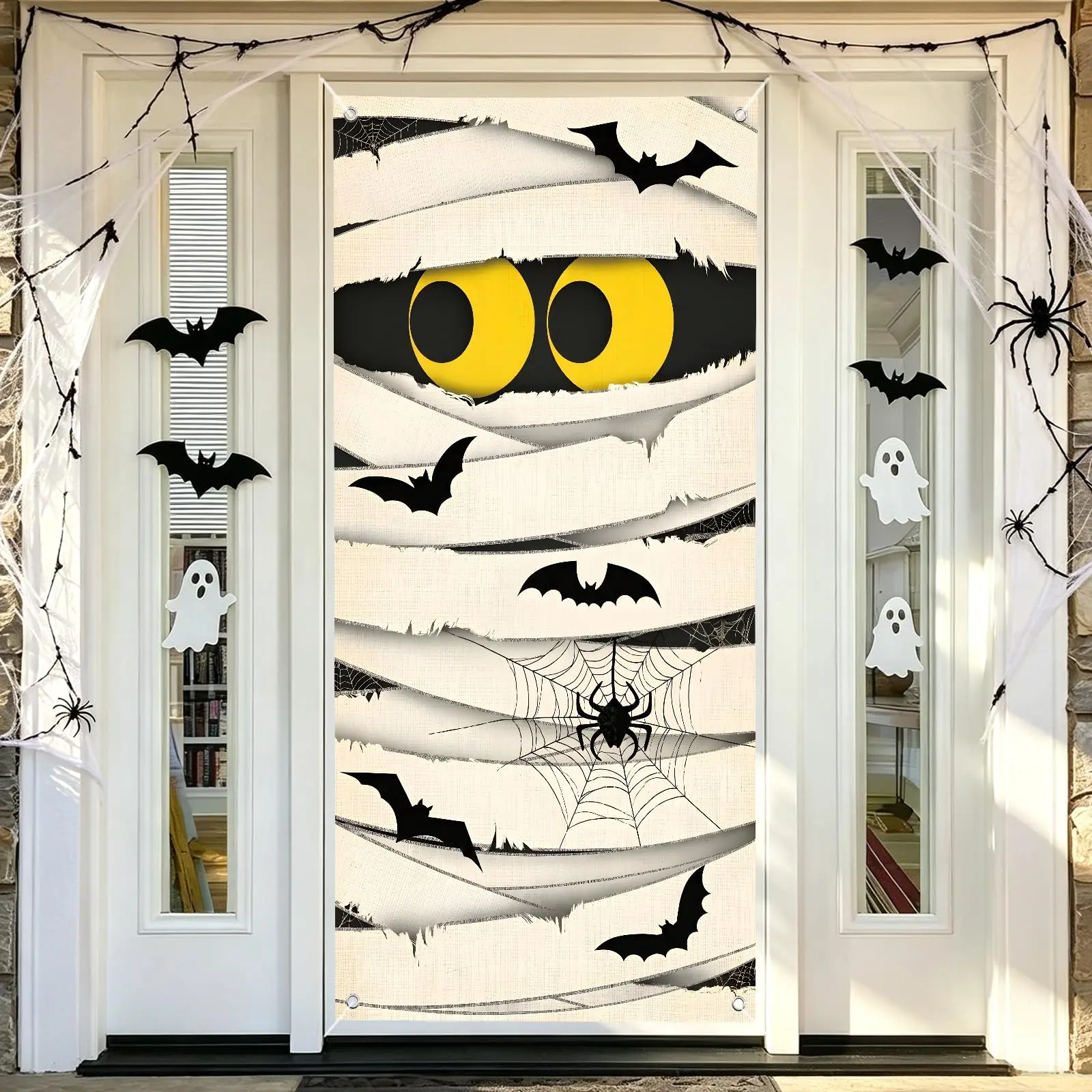 Halloween Mummy Door Banner, 71x35 Inches, Ghost Eyes, Bat and Spider Web Design, Front Door Porch Party Decoration