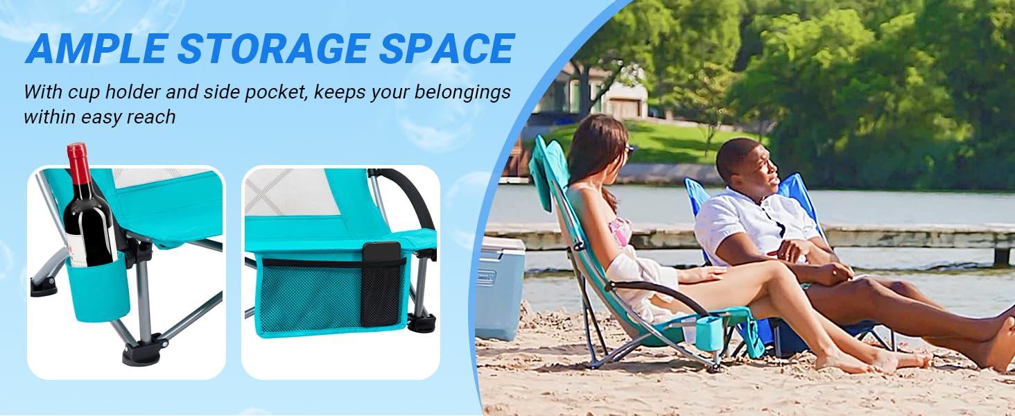 KingCamp Low Beach Chair, High Back Folding Camping Chair for Adults, Oversized Breathable Mesh Seat, 300lbs Heavy Duty Portable Chair with Cup Holder & Storage Pockets for Beach, Outdoor