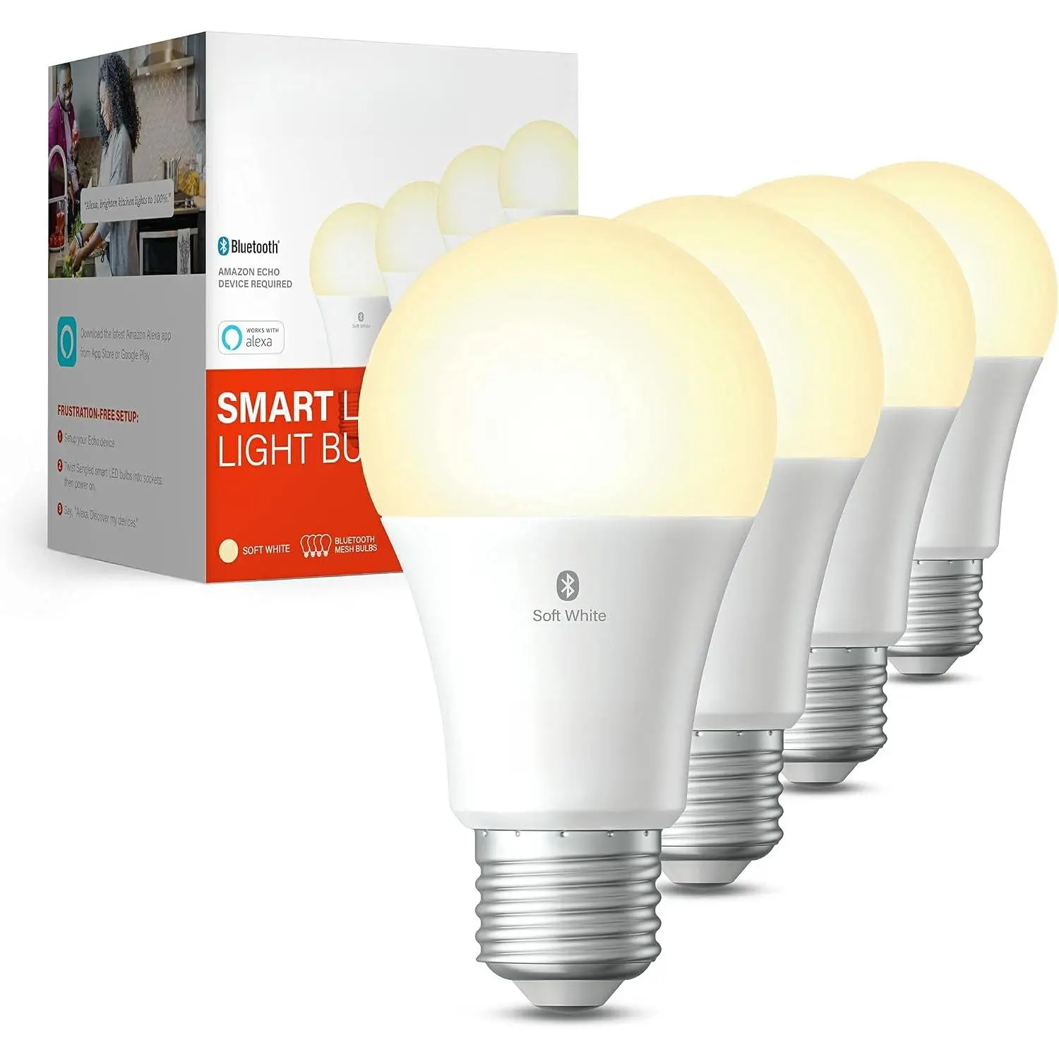 Light Bulb, S1 Auto Pairing with Alexa Devices, Warm Light Bulbs, Smart Light Bulbs that Work with Alexa, Bluetooth Mesh Smart Home Lighting, E26 60W Equivalent, 800LM, 4-Pack