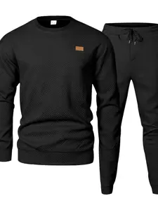 Men's 2-Piece Outfit Textured Crew Neck Sweatshirt & Jogger Pants Set, Casual Long Sleeve Tracksuit, Soft Knitwear Loungewear for Daily & Sports