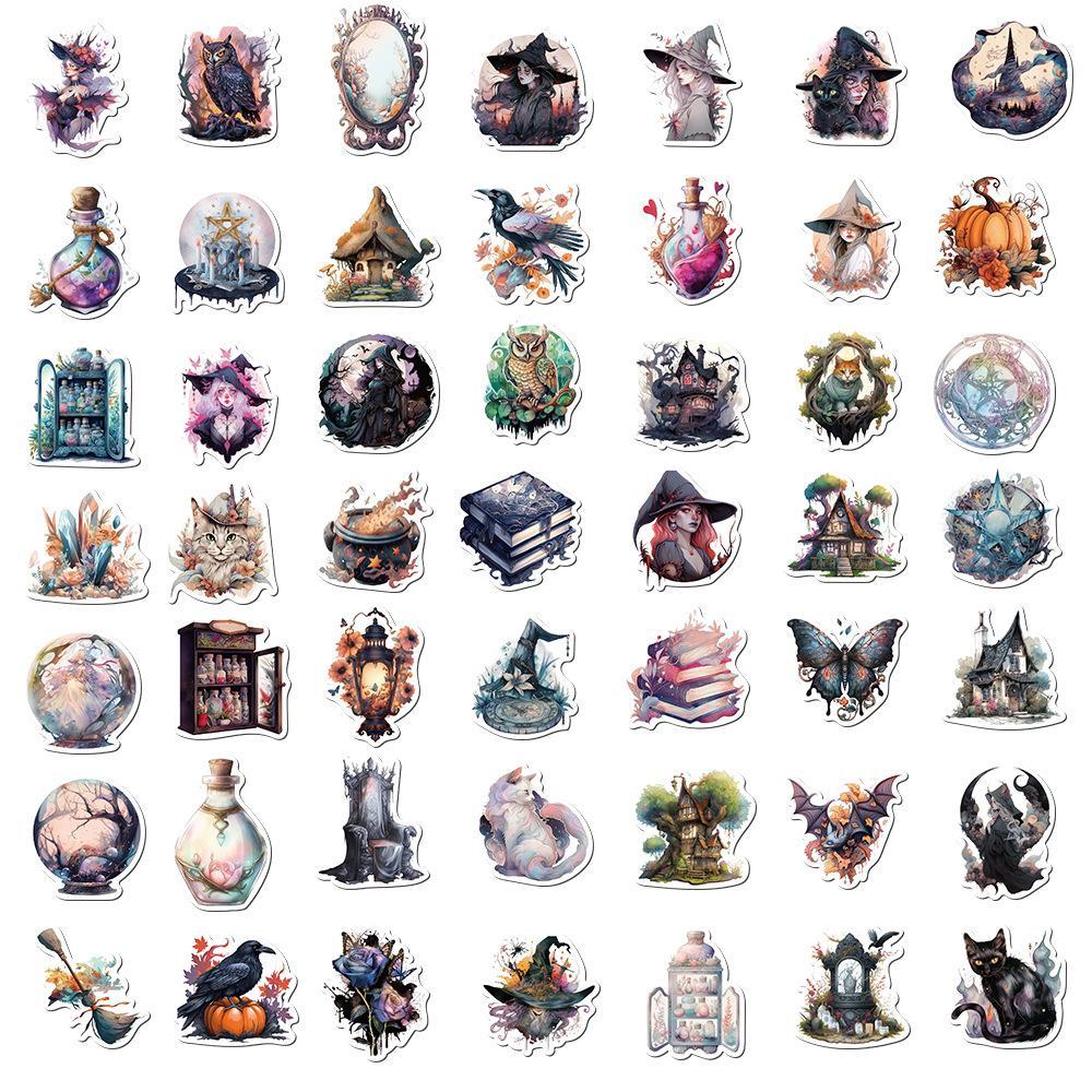 50pcs Cartoon Witch Style Series Graffiti Sticker, Children's Decorative Collage Decal, PVC Waterproof DIY Decorative Sticker For Stationery Computer Water Bottle Skateboard, Halloween