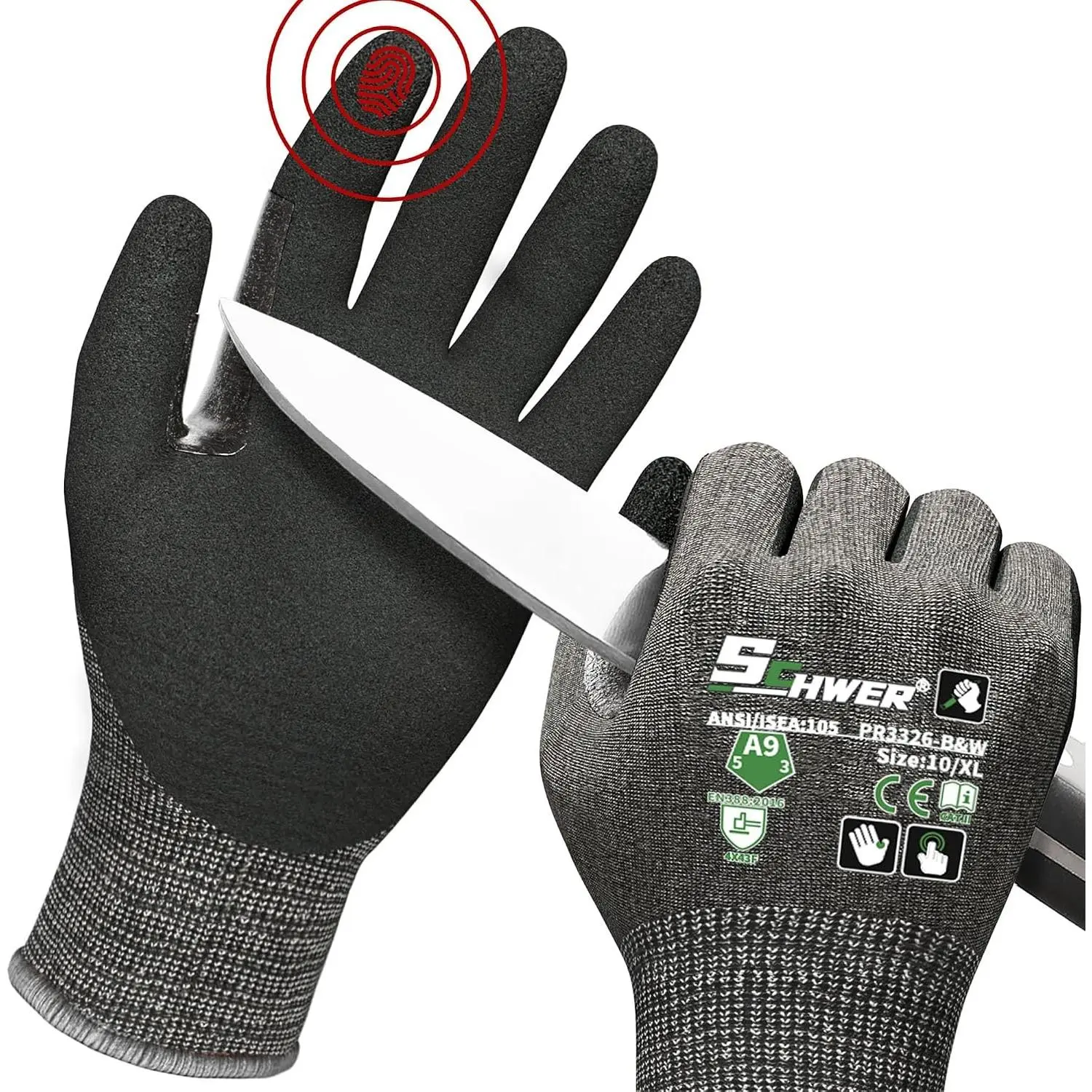 Schwer ProGuard High Level Cut Resistant Work Gloves PR3326 for Extreme Protection，ANSI A9 Cut Gloves with Reinforced Thumb, Non Slip, Breathable, Durable, Touch-screen, Black 1 Pair（XL）