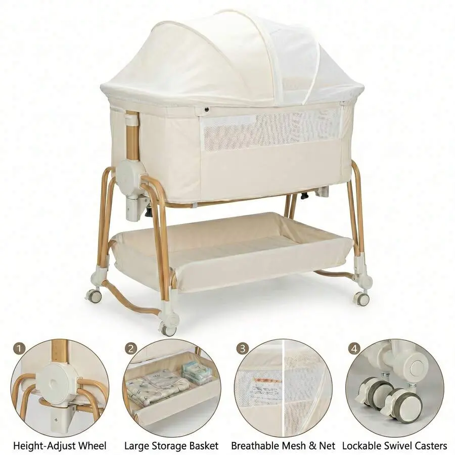 4-in-1 Baby Bassinet Bedside Sleeper - Rocking Crib with 7 Adjustable Heights & Breathable Mesh - Portable Co-Sleeper with Wheels for Newborn