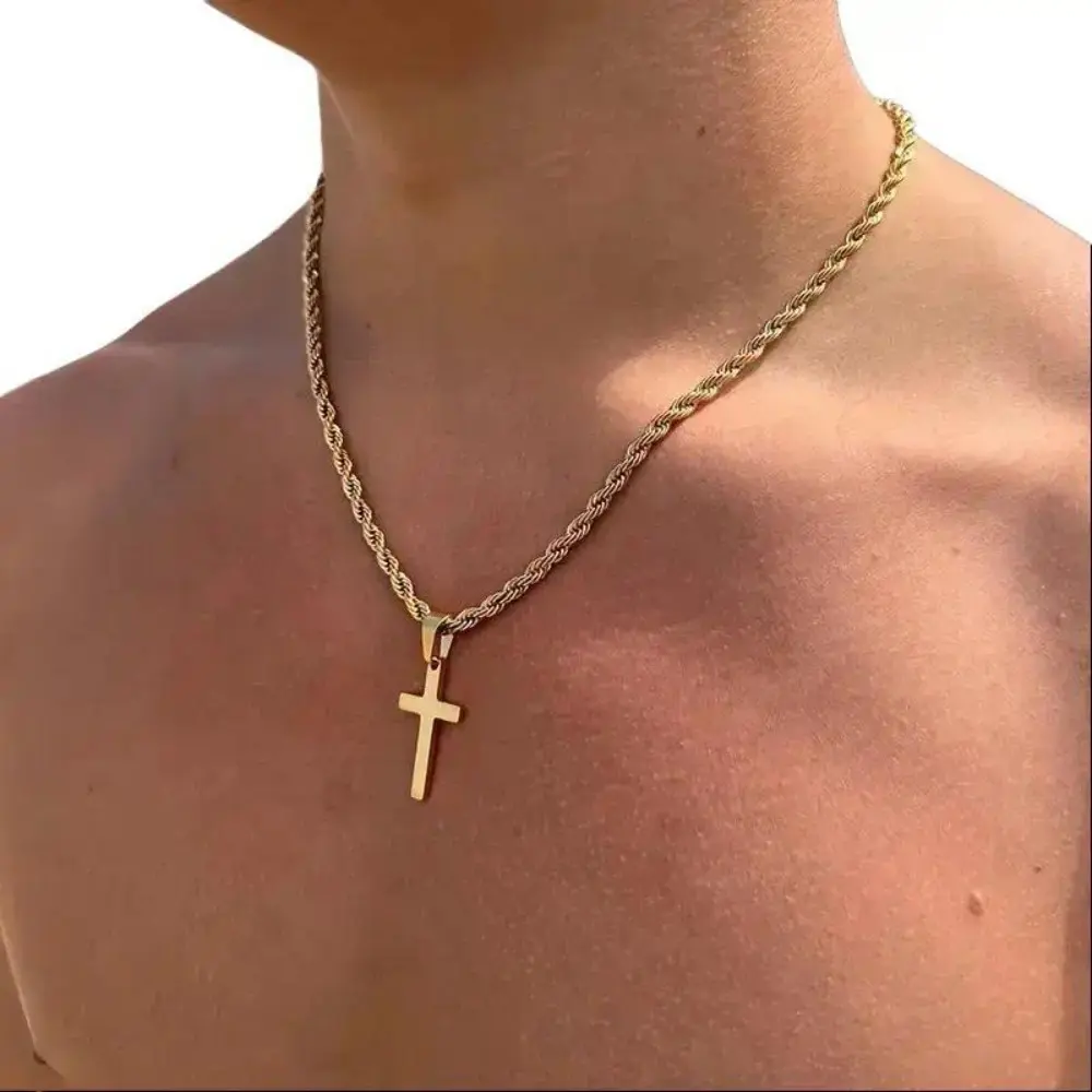 Summerwins Men Stainless Steel Cross Pendant Necklace, Twist Rope Chain, Gold Silver Two Tones, Minimalist Religious Daily Jewelry
