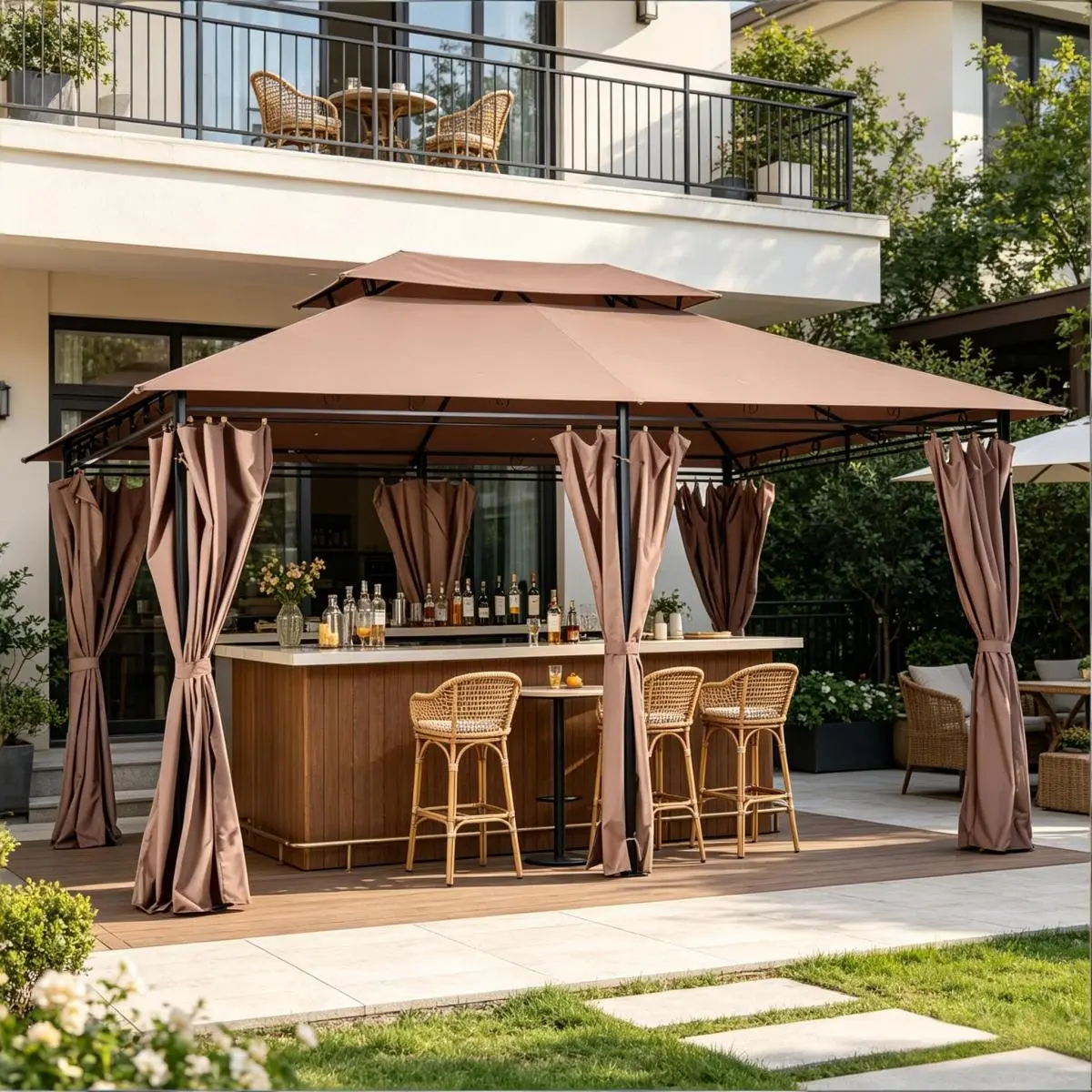 Aobtkel Spacious Large Size Outdoor Gazebo Complete Kit - Steel & Poly Double Roof Garden Canopy Shelter with Ground Nails for Backyard, Gazebo Look
