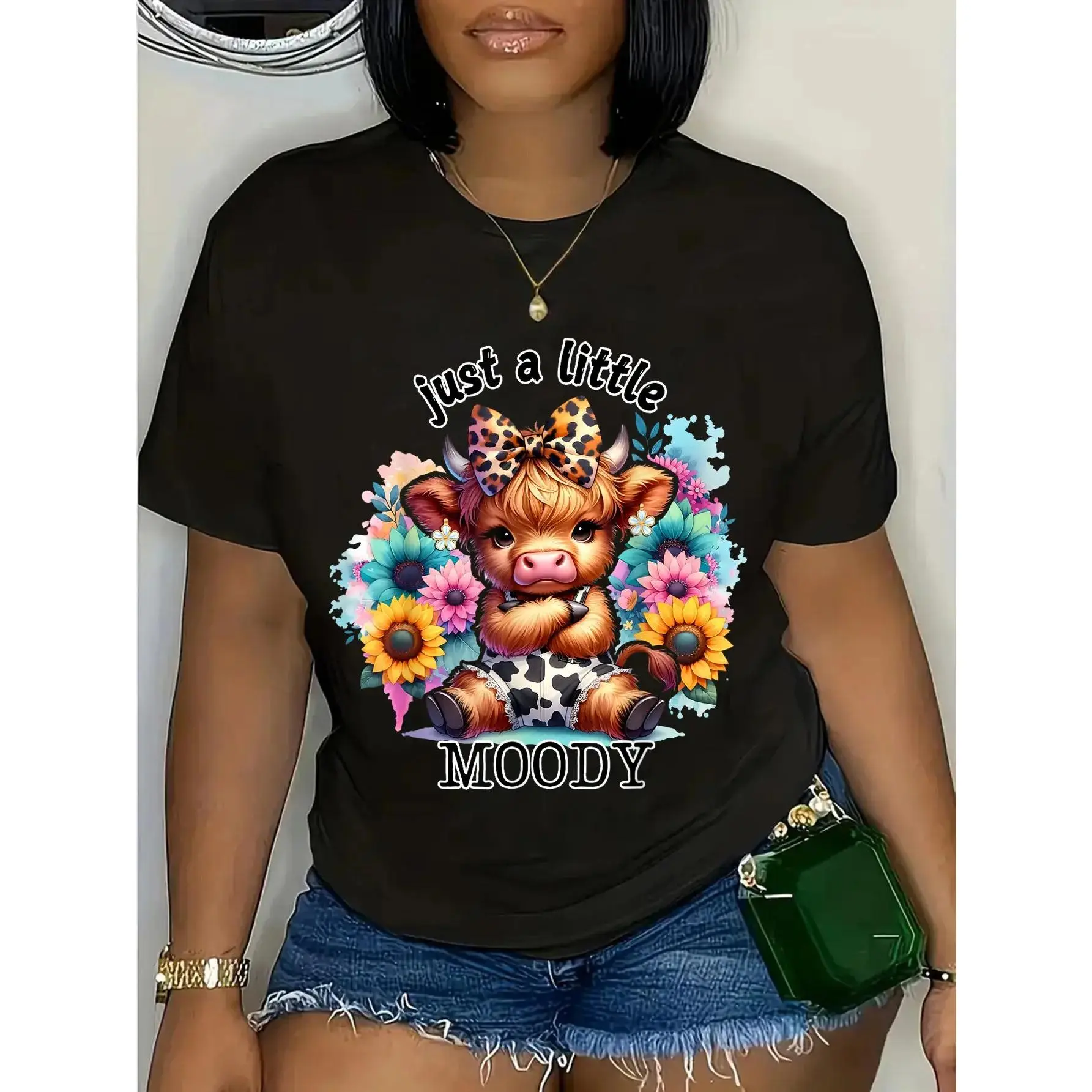 Casual Short-Sleeve Round Neck Streetwear Top, Cute Moody Attitude Highland Cow Sunflowers Sports & Outdoor T-Shirt, Shortsleeve, Tshirt