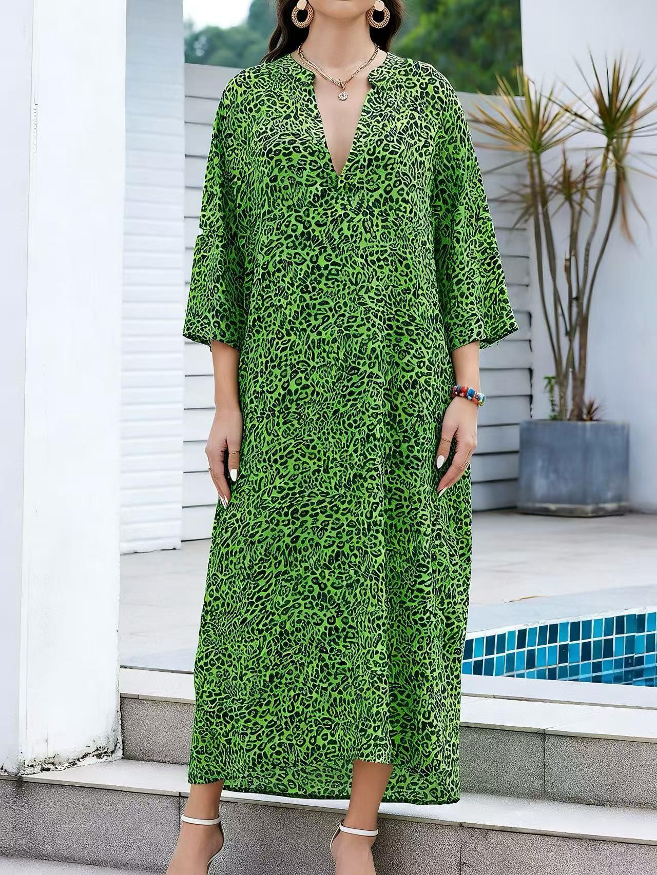 Women's swimsuit cover-up, stand-up collar leopard print robe, beach vacation long dress, loose bikini swimsuit cover-up for women