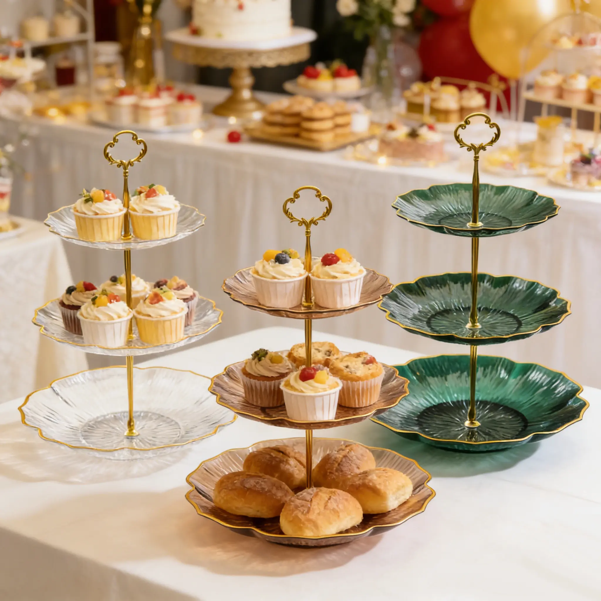3-Tier Elegant Cupcake Stand with Gold Rim, Luxury Petal Shaped Plastic Tiered Serving Tray with Metal Support Rod, Dessert Display Tower for Birthday, Wedding, Tea Party & Home Decor