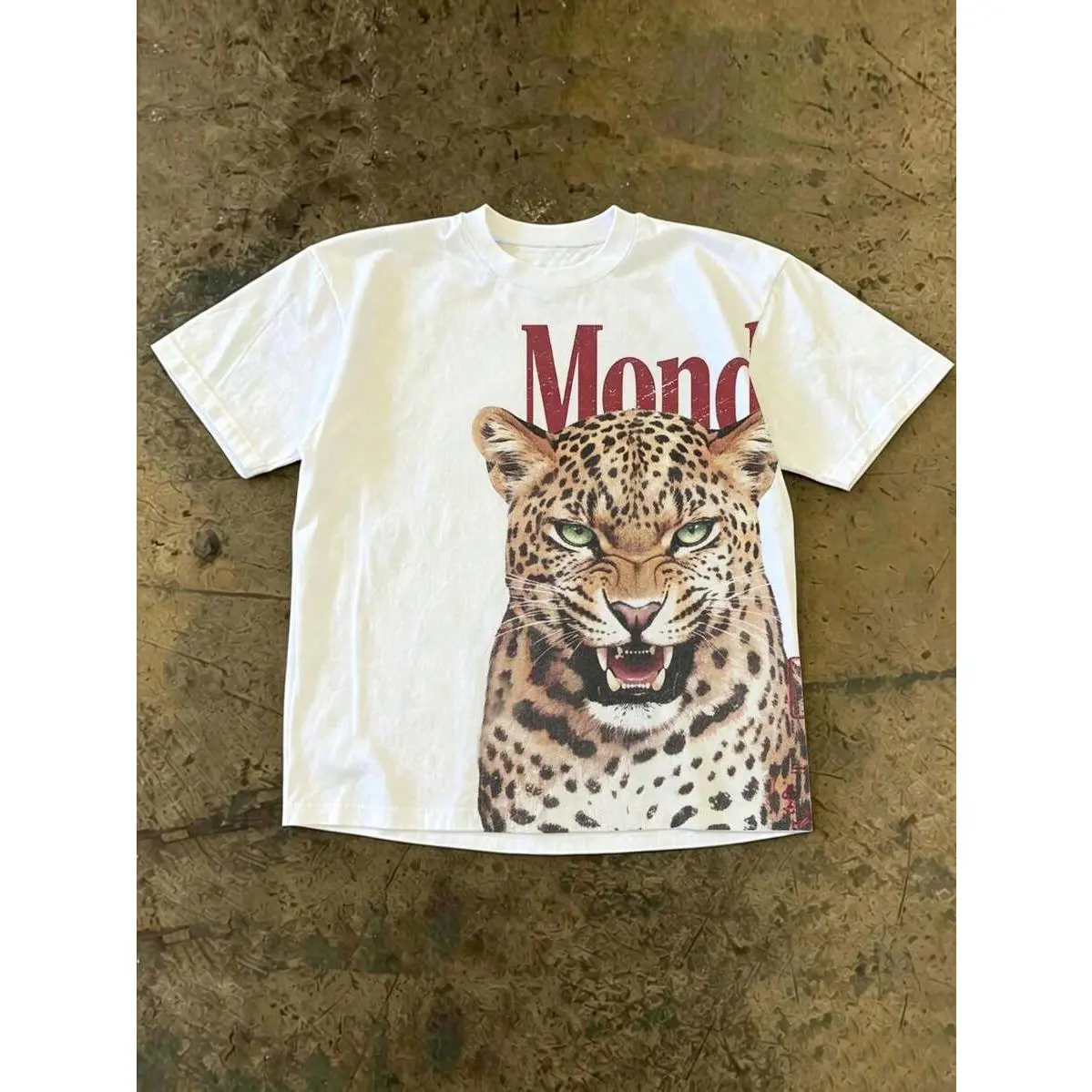 Roaring Leopard Big Distressed Mond Letter Y2K Grunge Crew Neck Short Sleeve Top, Versatile Casual Outdoor Backyard Hangout Concert Camping Minimal Street Outfit Unisex T-Shirt For Men Women