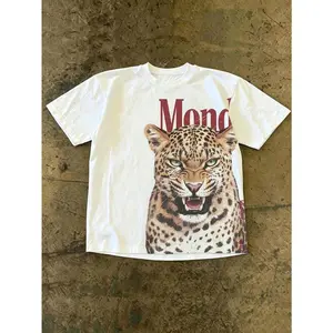 Roaring Leopard Big Distressed Mond Letter Y2K Grunge Crew Neck Short Sleeve Top, Versatile Casual Outdoor Backyard Hangout Concert Camping Minimal Street Outfit Unisex T-Shirt For Men Women