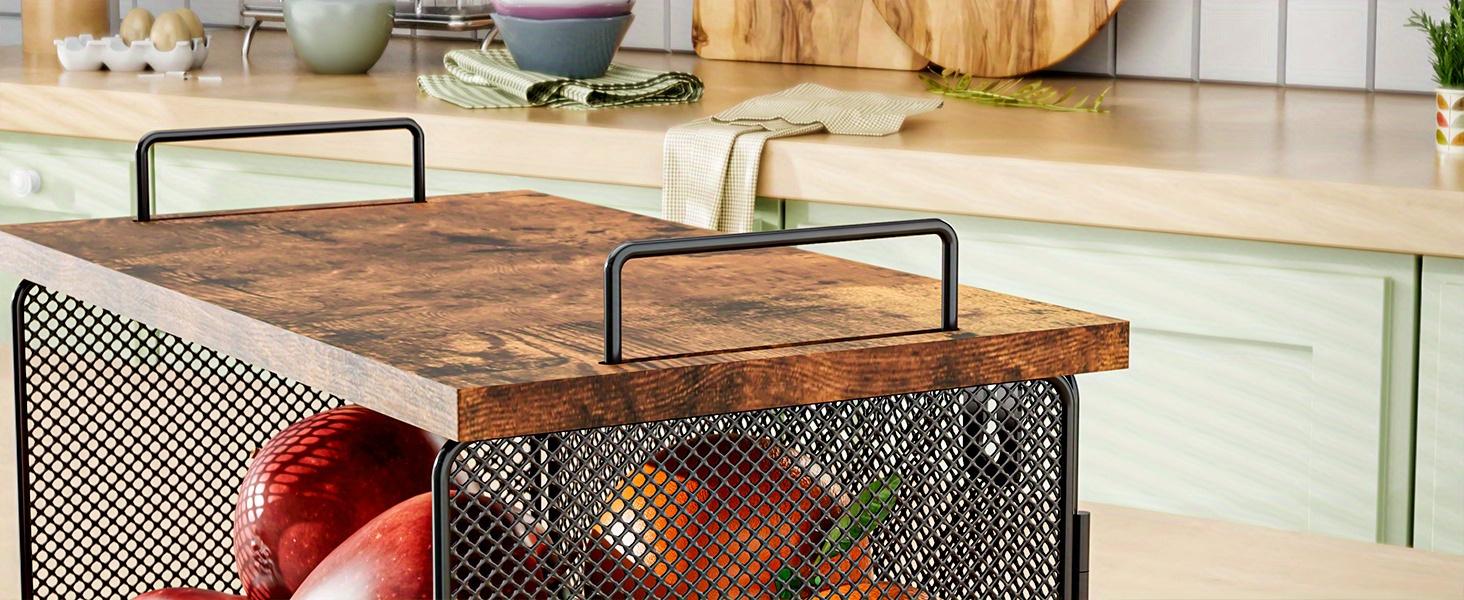 2-Pack Fruit Basket Wire Basket, Stackable Wall-Mounted Countertop Kitchen Counter Organizer for Snacks, Fruits and Vegetables Storage, Onion and Potato Hanging Basket with Wooden Lid
