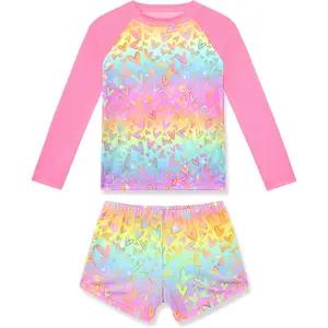 Girls Rash Guard Swimsuit Long Sleeve Bathing Suits Two Piece Summer Beach Swimwear(Gift)