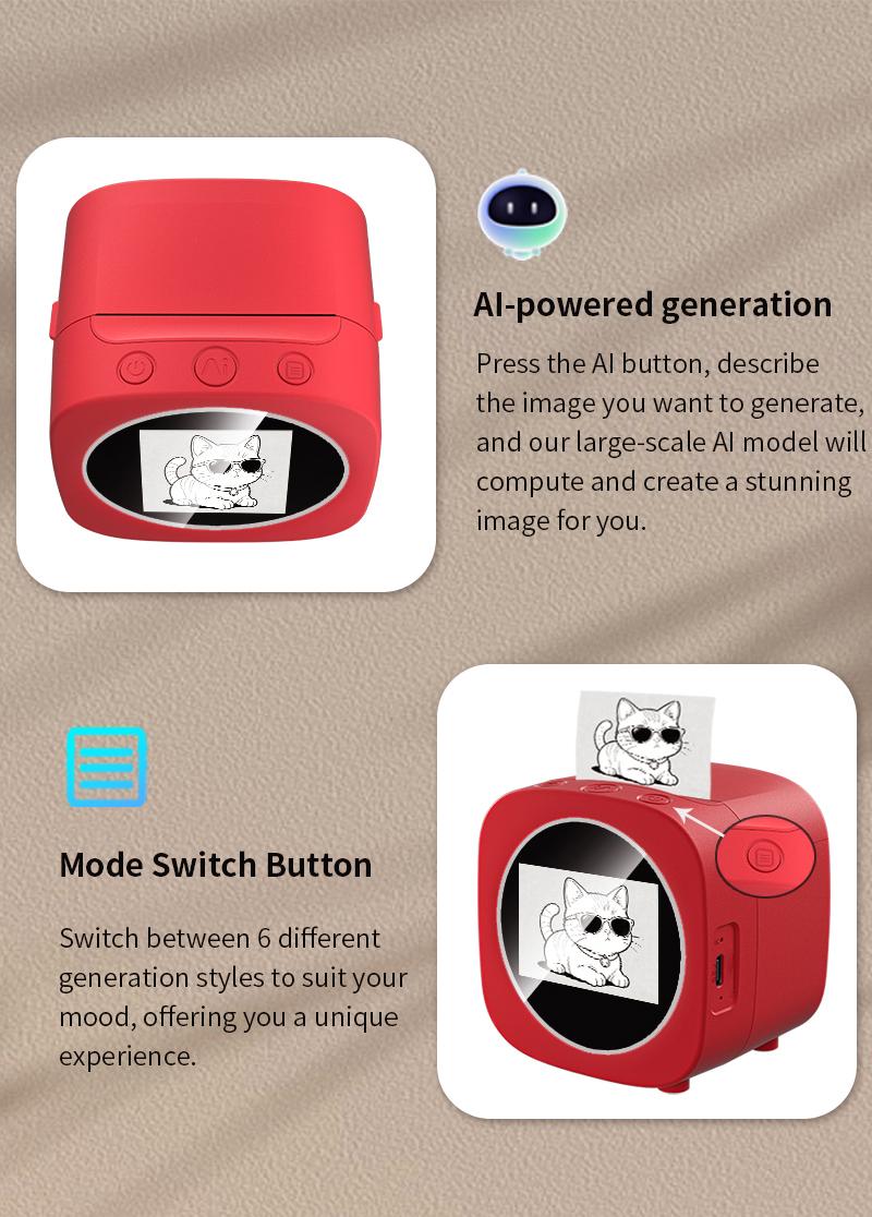 AI Voice Mini Sticker Printer box Photo Drawing robot  Wireless Portable Smart  Kids Imagination Learning Toy DIY Craft Home Office Essential-YY Switch Role Alarm Clock Perpetual Calendar  Electronic ideal birthday gift educational learning toytablet