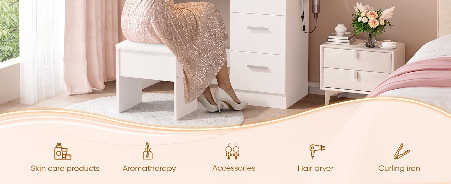 Makeup Vanity Desk with Smart LED Mirror & Charging Station 35.4" White Vanity Table Set with Cushioned Stool 4 Drawers Hairdryer Rack Modern Bedroom Dressing Table White chair light