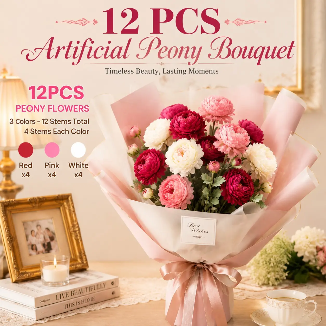 12 Stems Faux Peony Bouquet 3-Tone 3 Branches, 4 Pieces Per Color, Vintage Cottagecore Artificial Flower, Soft Silk Long Lasting Fake Florals, For Room Aesthetic Decor Party Backdrop Wedding Bridal Bouquet Home Table Decor Gift