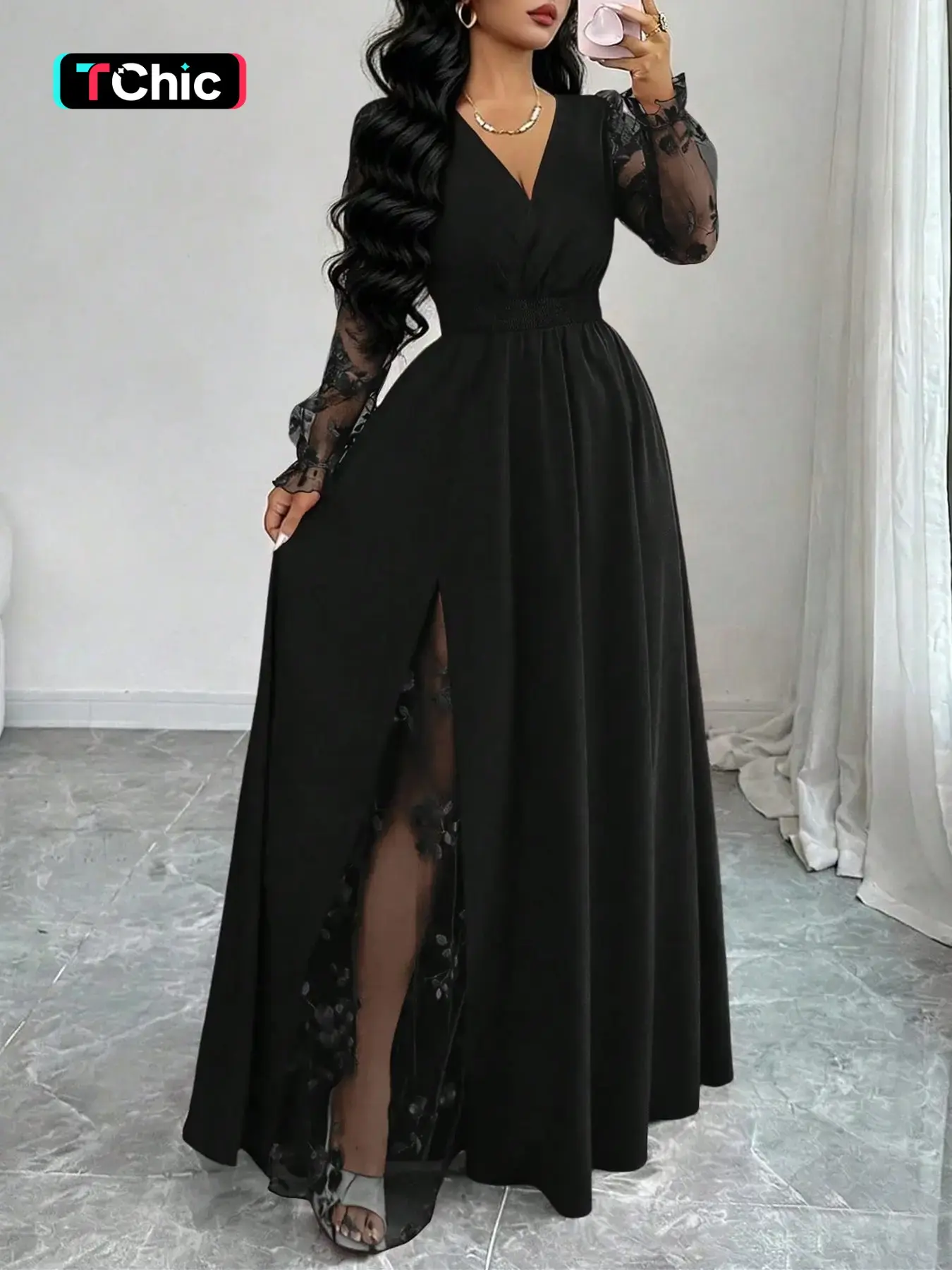 Summer Elegant Black Floral Autumn Dinner Deep V-Neck Lace Patchwork Long Sleeve High Slit Dress,Backless Mesh Embroidery Wedding Party Ball Gown