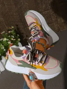 Trending Retro Color Block Sneakers for Women,Platform Chunky Running Trainers with Double Lace Up Design, Non-Slip Cushioned Sole | Daily Streetwear & Casual Outdoor Walking Footwear, Trendy Running Shoes
