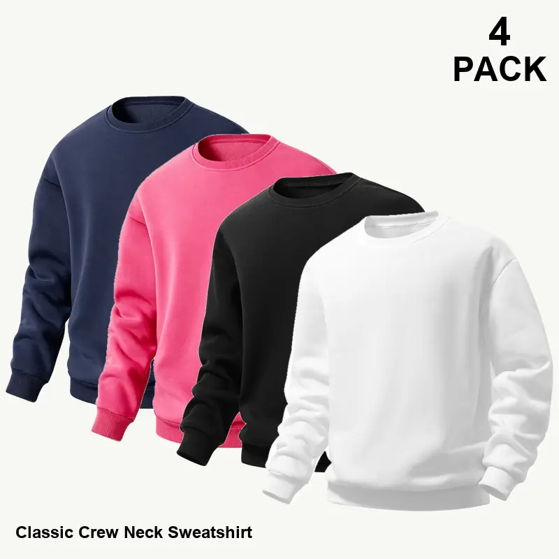 4-Pack Mixed Colors Men's Crewneck Sweatshirts, Relaxed Everyday Layering, Ribbed Finish, Casual Streetwear Multipack for Work Travel and Daily Outfits - BW029 Option 1
